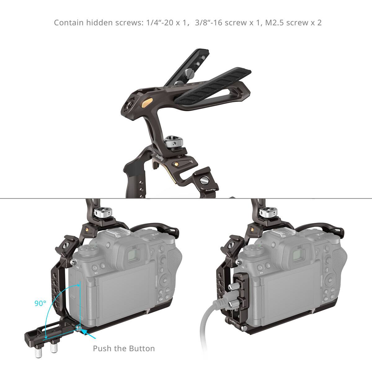 Contain hidden screws: 1/4"-20 x 1, 3/8"-16 screw x 1, M2.5 screw x 2

90°

Push the Button