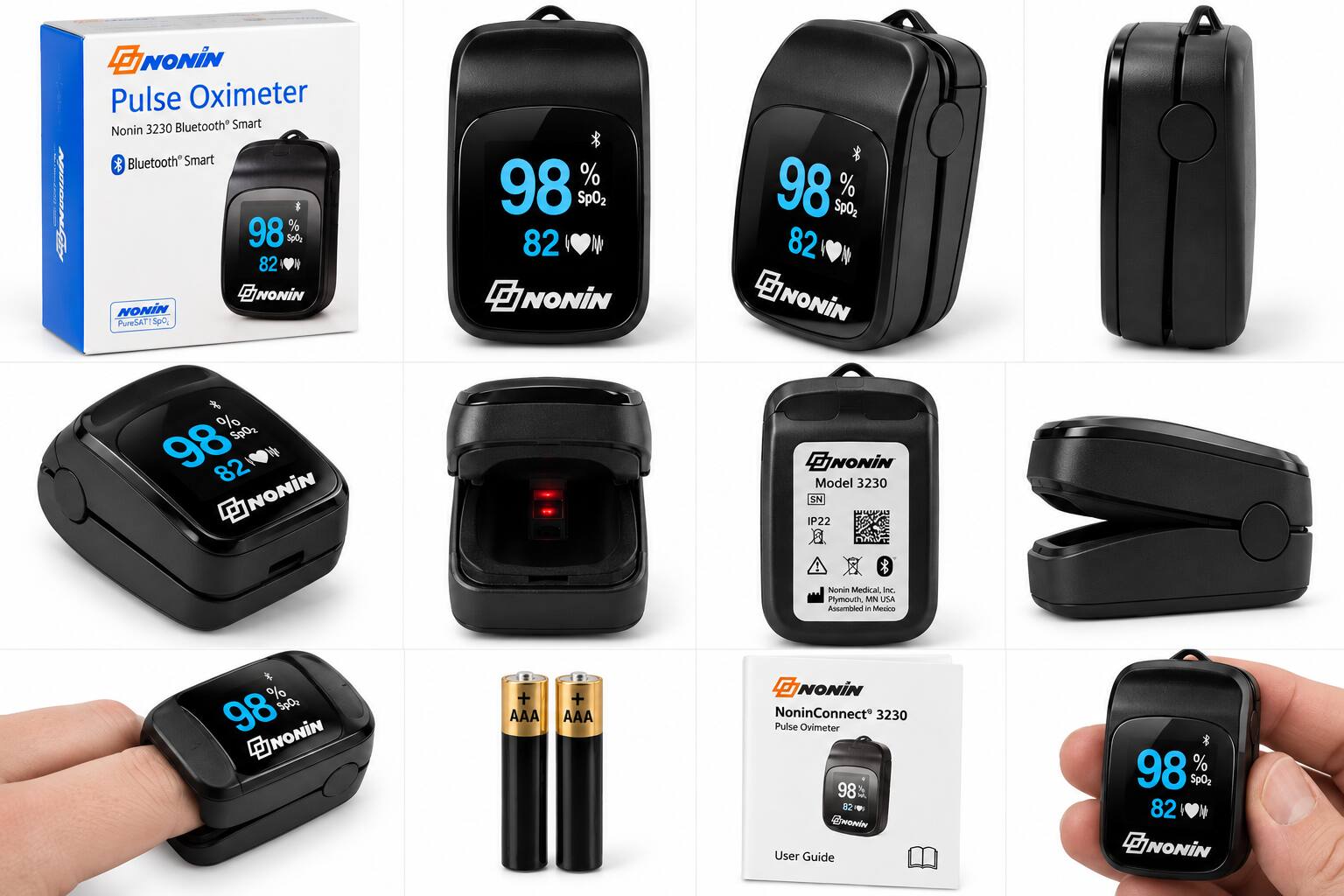 GNONIN Pulse Oximeter 3230 Bluetooth Smart  
Nonin 3230 Bluetooth Smart  
MYNGGIN 98 SpO2 % * 82 ...  
GNONIN NONIN PureSAT! Spoc  
% 98 SpO2 82 NONIN  
* 98 % SpO2 82 NONIN  
% SpO 98 82 N INONIN  
GNONIN Model 3230 SN IP22  
Nonin Medical, Inc. Plymouth, MN USA Assembled in Mexico  
% 98 SpD2 NONIN  
+ AAA  
+ AAA  
GNONIN NoninConnect 3230 Pulse Oximeter 98 82 - MONIN User Guide  
& 98 % Sp02 82 NONIN