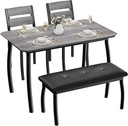 GARVEE - Modern Dining Table Set for 4, 4-Piece,Wooden,Upholstered Bench & 2 Chairs,Apartment, Restaurant, Home Kitchen - Gray