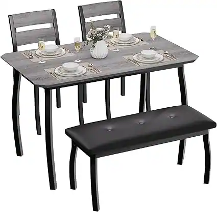Front. GARVEE - Modern Dining Table Set for 4, 4-Piece,Wooden,Upholstered Bench & 2 Chairs,Apartment, Restaurant, Home Kitchen,Gray - Gray.