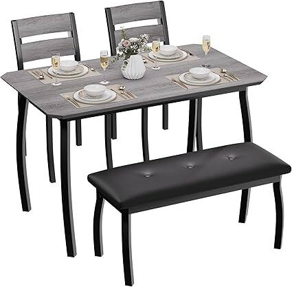 Front. GARVEE - Modern Dining Table Set for 4, 4-Piece,Wooden,Upholstered Bench & 2 Chairs,Apartment, Restaurant, Home Kitchen,Gray - Gray.