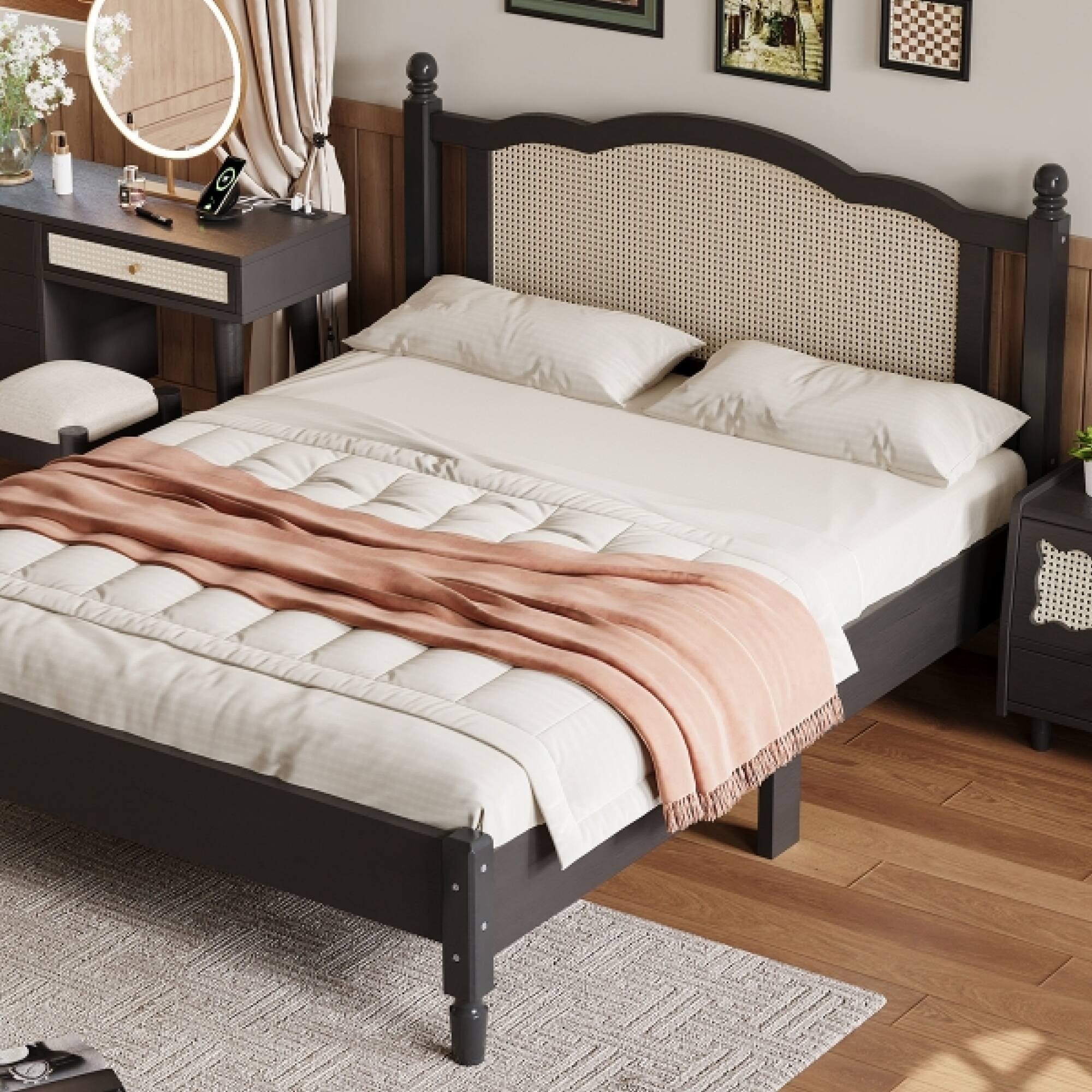 Alt View 10. GOODSILO - Vintage Rattan Headboard Queen Size Platform Bed Frame with Wooden Slat Support - Black.