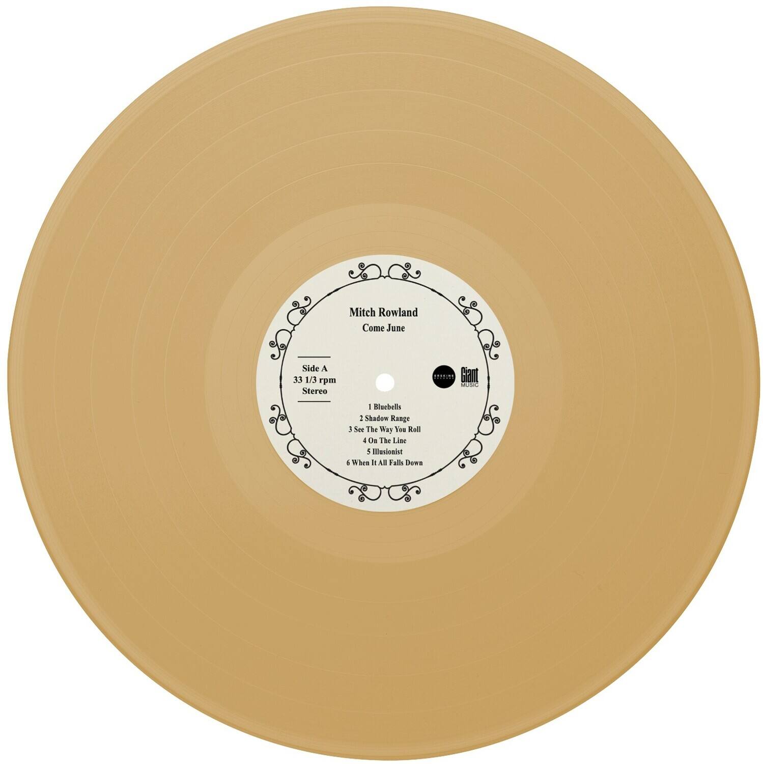 Mitch Rowland  
Come June  

Side A  
33 1/3 rpm Stereo  

1. Blubells  
2. Shadew Range  
3. See The Way You Roll  
4. On The Line  
5. Illusionist  
6. When It All Falls Down  

Giant  
disc