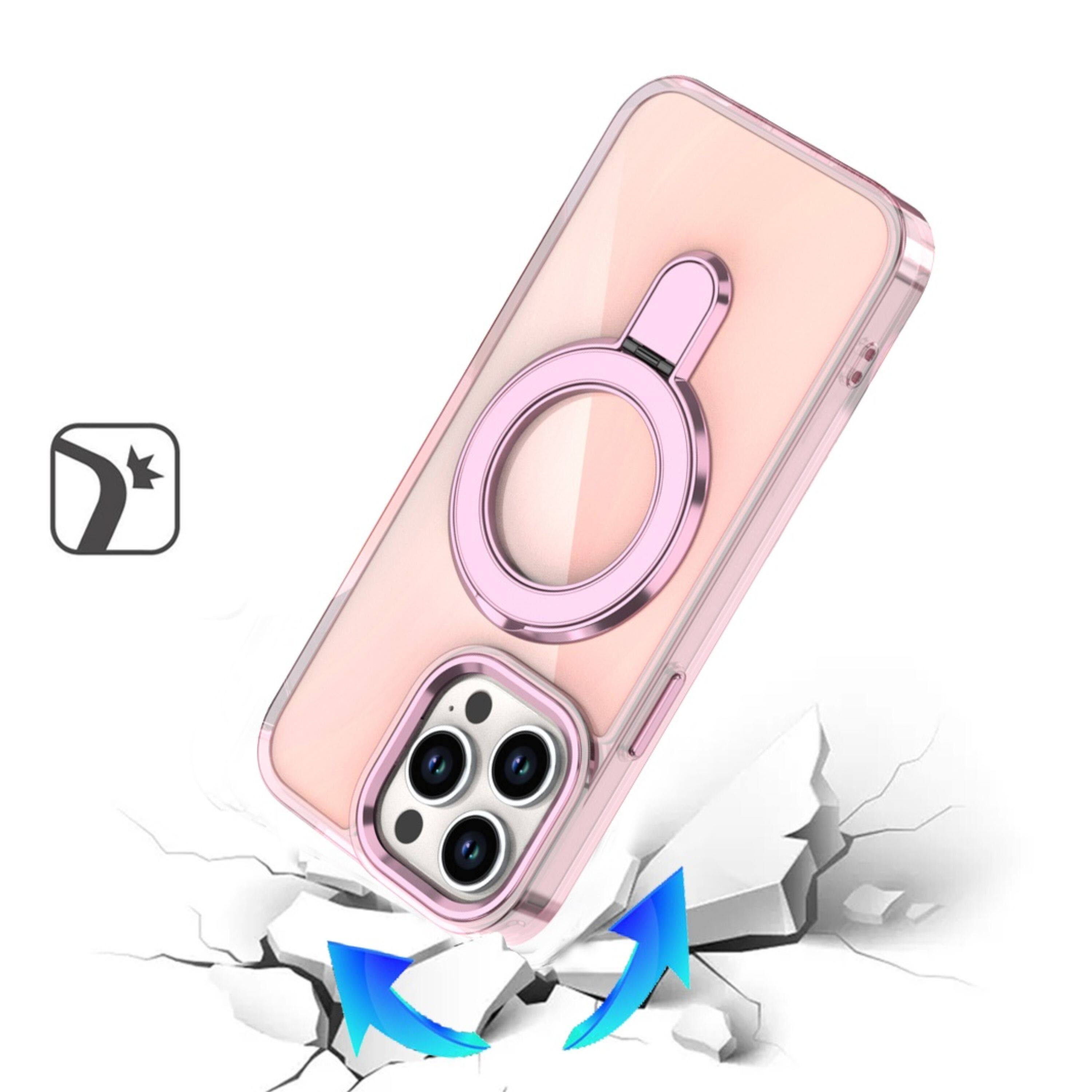 Left. Kitcheniva - Radiant Chrome Magnet Circle Stand Phone Case With 2 Pcs Tempered Glass For iPhone 15 Pro Max Light Pink - Light Pink.