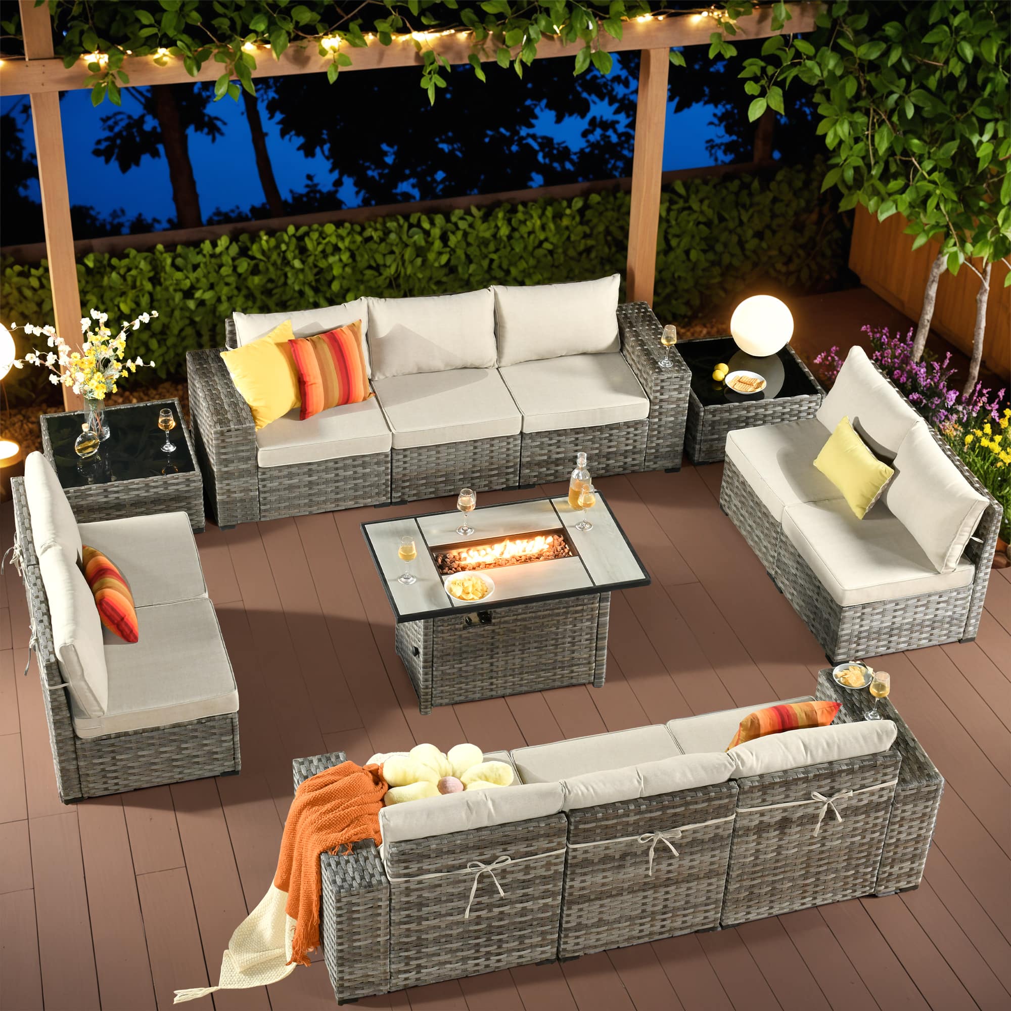 Ovios - 12 PCS Outdoor Patio Furniture Wicker Sectional Sofa with Coffee Table & 42" Fire Pit Table - Beige