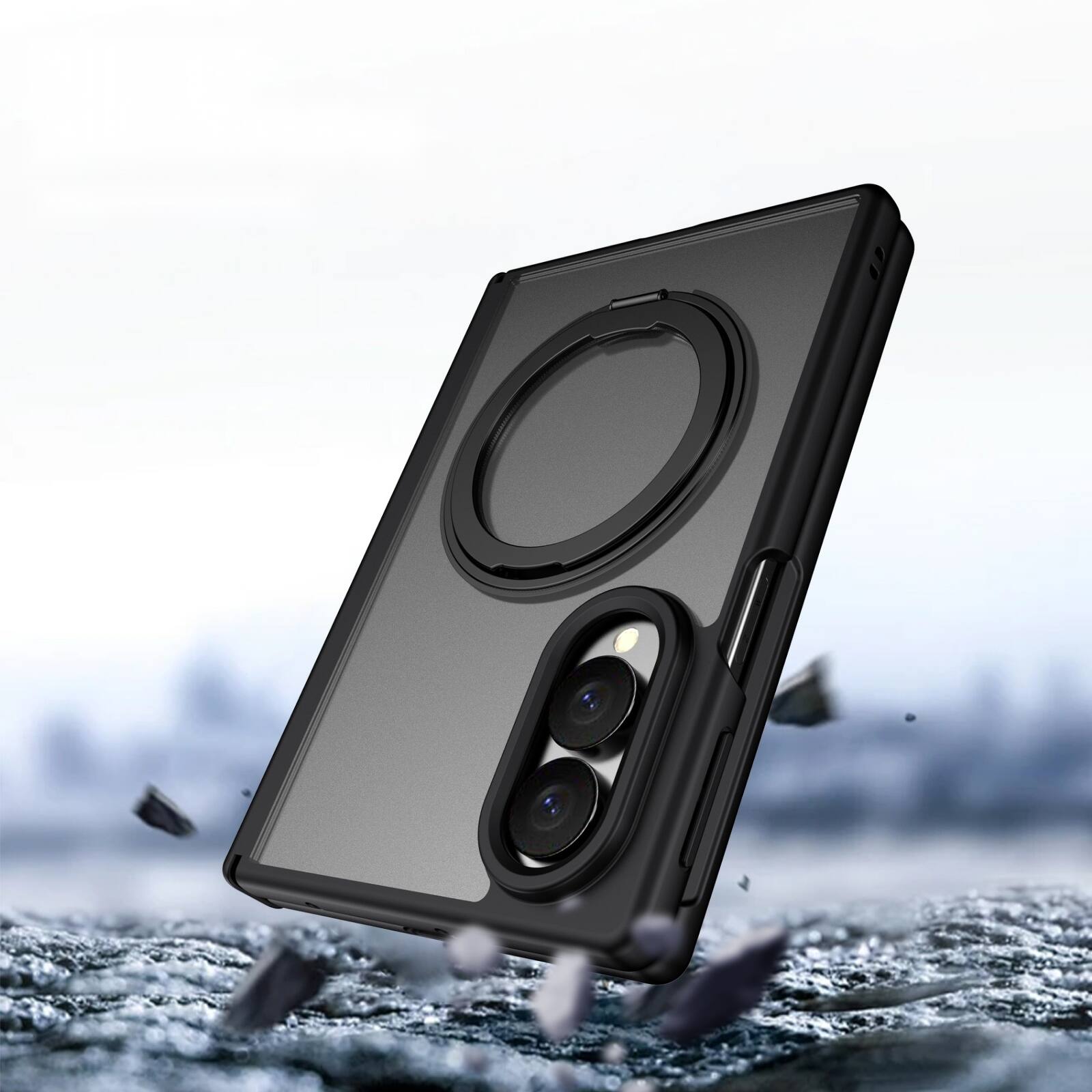 Angle. Dteck - Shockproof Case for Samsung Galaxy Z Fold8 with Ring Stand, Magnetic PC Cover Built in Screen Film and Hinge Protection - Black.
