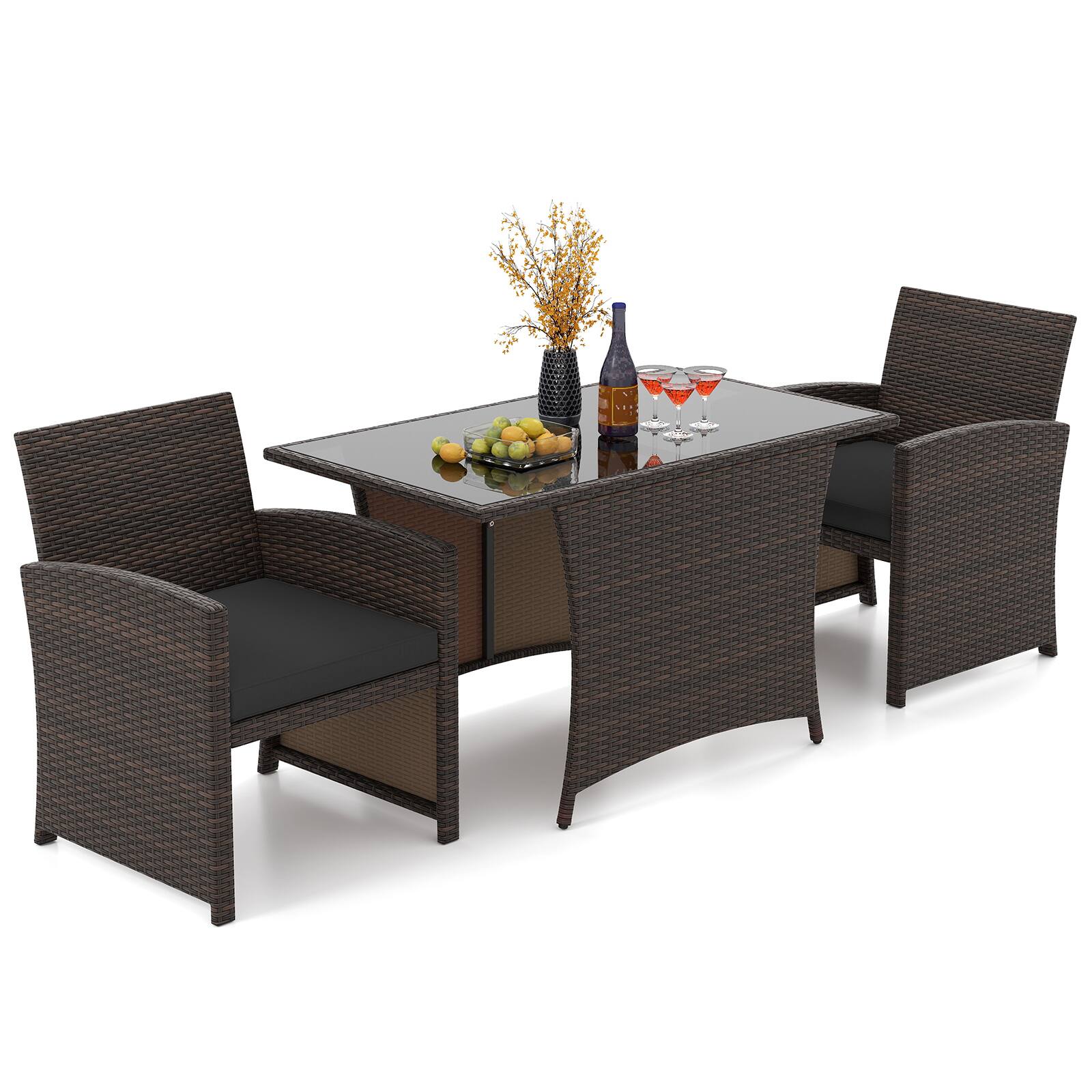 Alt View 9. Gymax - Gymax 3 Piece Patio Wicker Dining Set 2 Rattan Chairs w/ Rectangle Tempered Glass Dining Table - Black, Mix Brown.