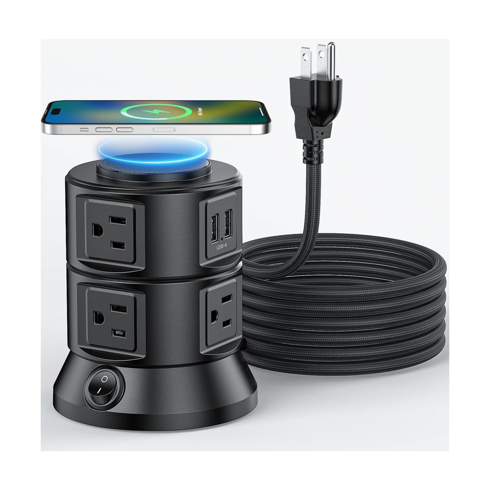 Dazzed Corner - Surge Protector Tower,Power Strip Tower with Wireless Charger - Black