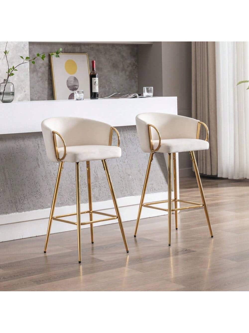 Trinkets Crazed - 26" Velvet Counter Stools Set Of 2, Luxury Bar Chair With Low Back and Gold Legs For Kitchen Island - Beige