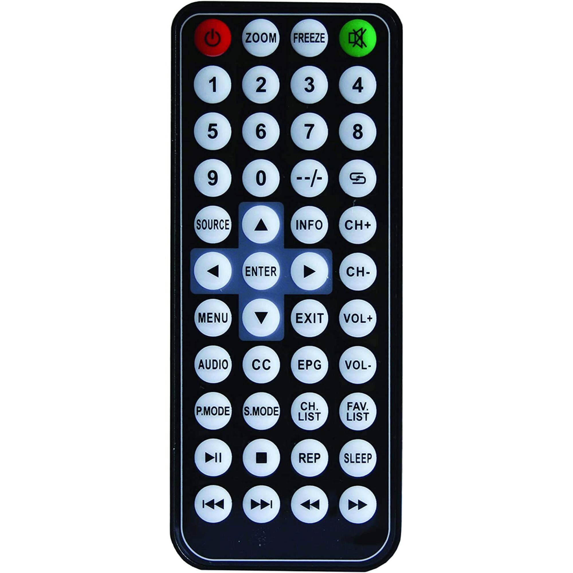 ZOOM FREEZE

1 2 3 4  
5 6 7 8  
9 0 --/-

SOURCE INFO CH+  
ENTER CH-  
MENU EXIT VOL+  
AUDIO CC EPG VOL-  
P.MODE S.MODE CH. LIST FAV. LIST REP SLEEP