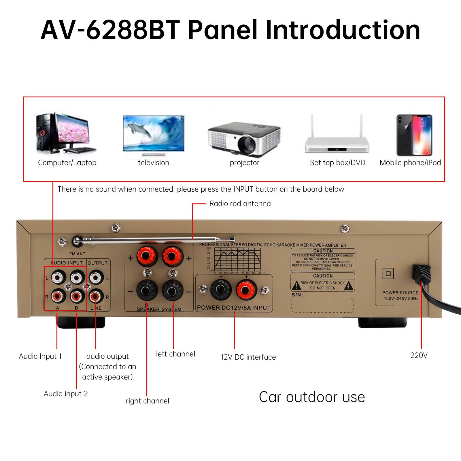 AV-6288BT Panel Introduction

Computer/Laptop television projector Set top box/DVD Mobile phone/iPad

There is no sound when connected, please press the INPUT button on the board below

Radio rod antenna

AUDIO INPUT OUTPUT

PROFESSIONAL STEREO DIGITAL ECHO KARAOKE MIXER POWER AMPLIFIER

CAUTION

RISK OF ELECTRIC SHOCK DO NOT OPEN

POWER SOURCE 100V-240V 50Hz

LINE SPEAKER SYSTEM

POWER DC12V/5A

INPUT

Audio 1 audio output left channel Input (Connected to an active speaker)

Audio input 2 right channel

12V DC interface

Car outdoor use

220V