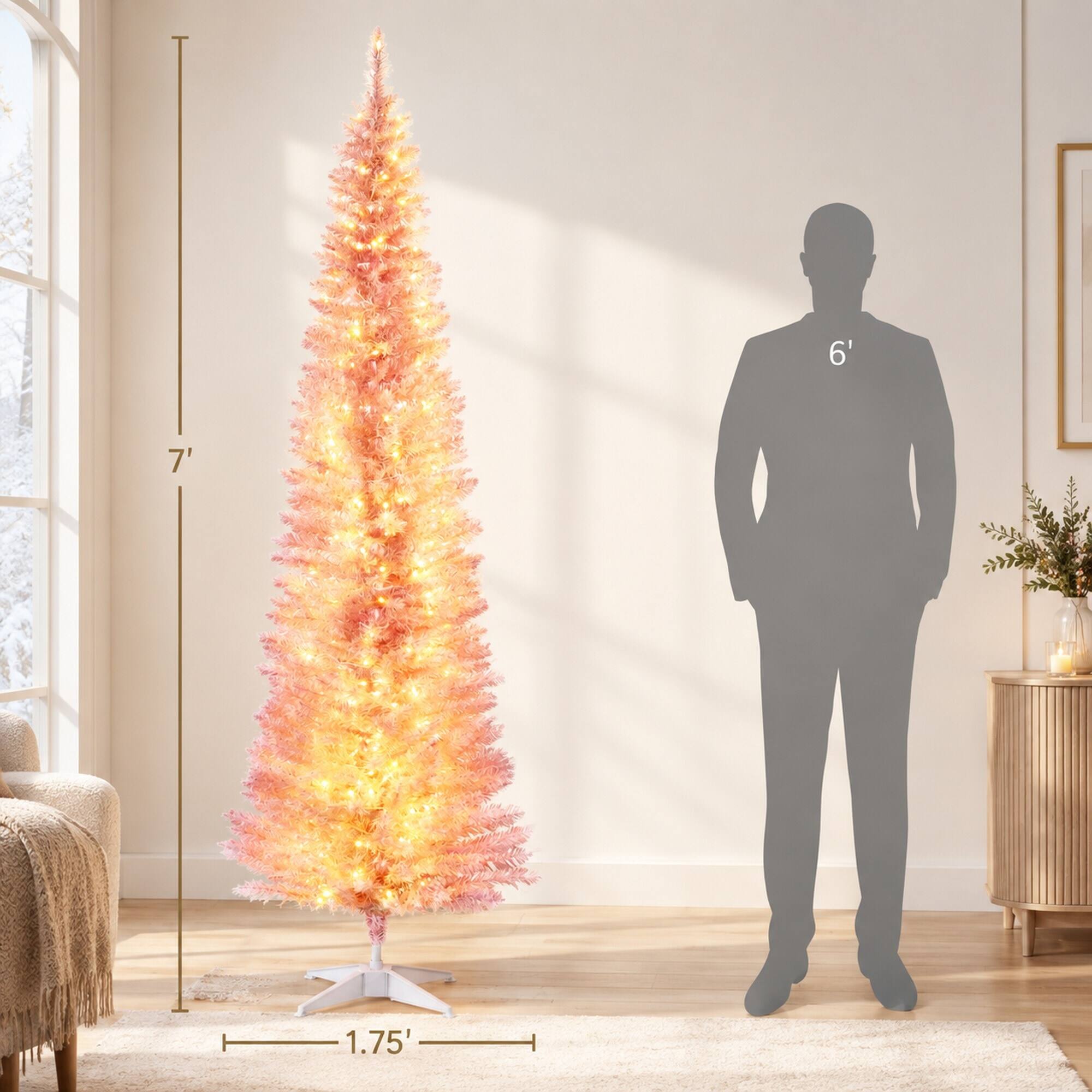 Alt View 2. RYHNUYNE - 7 Ft Slim Noble Fir Pink Artificial Christmas Tree With 200 Warm White LED Lights, 499 Tips Metal Stand Decor - Pink.