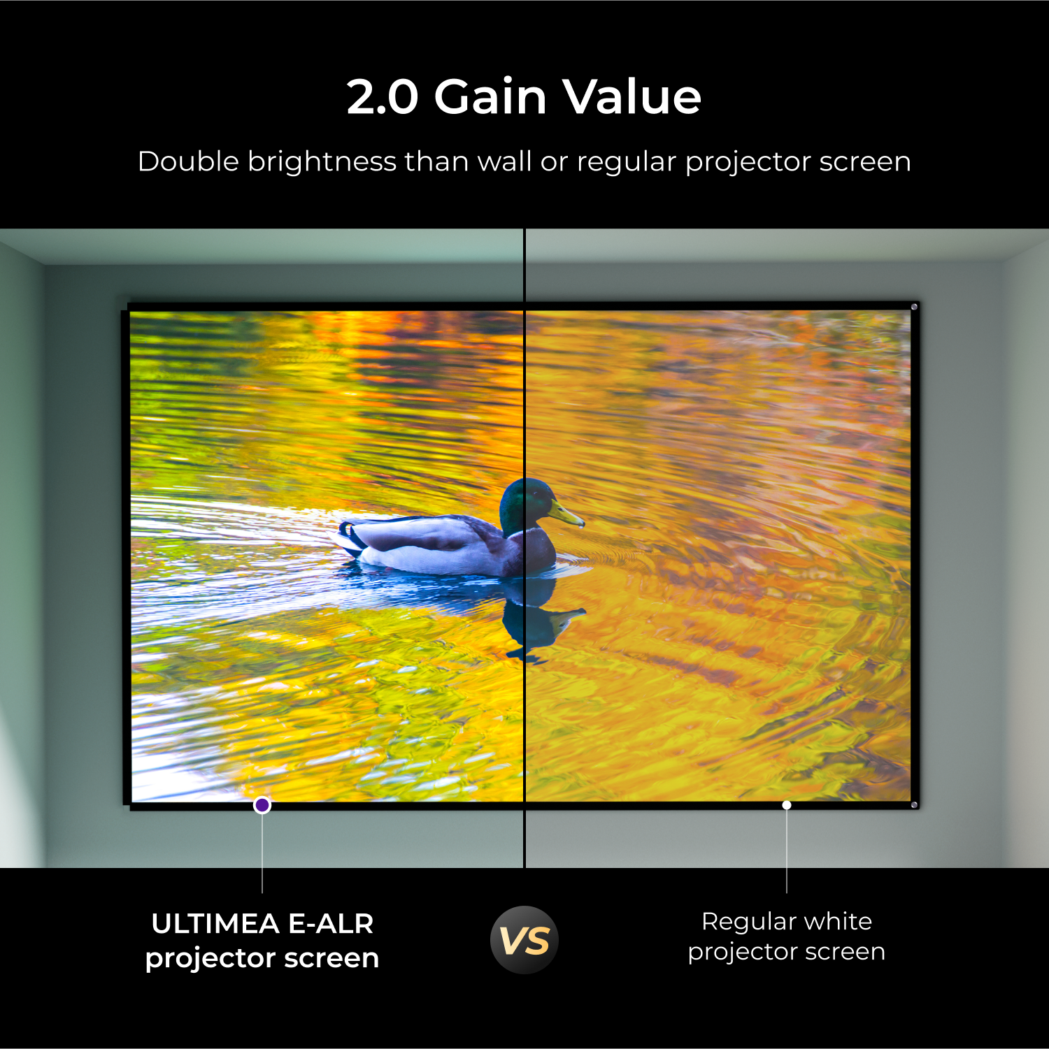 2.0 Gain Value
Double brightness than wall or regular projector screen
ULTIMEA E-ALR projector screen VS Regular white projector screen
