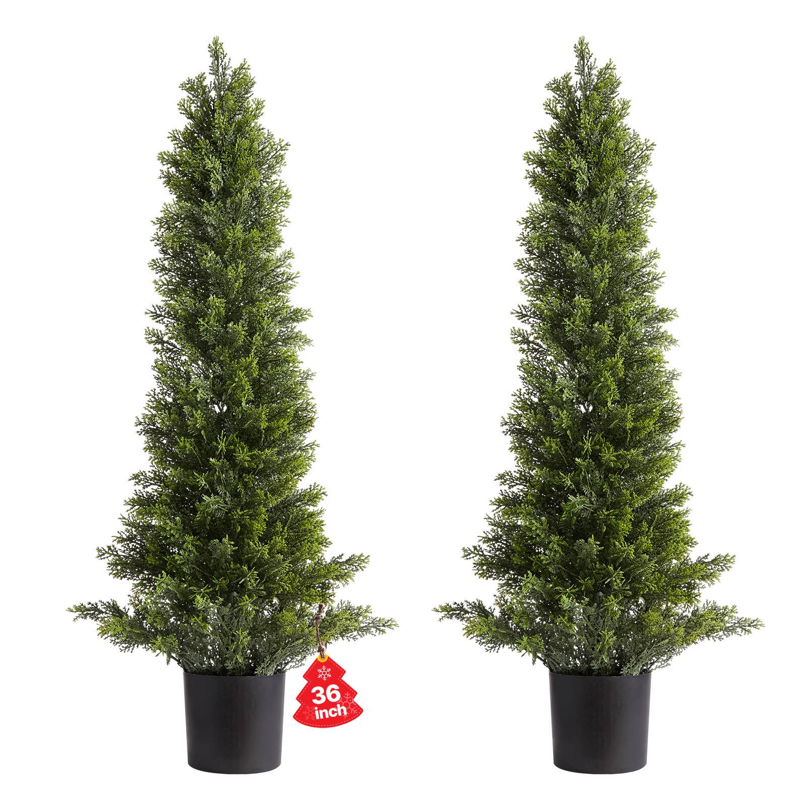 VEVOR - Artificial Topiary Cedar Trees, 36 inch 2 Set Faux Pine Shrubs Plants, Fake Silk Tree Look Real, Easy Assembly - Green