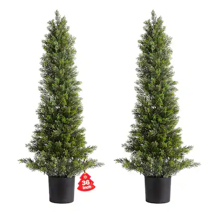 Front. VEVOR - Artificial Topiary Cedar Trees, 36 inch 2 Set Faux Pine Shrubs Plants, Fake Silk Tree Look Real, Easy Assembly - Green.