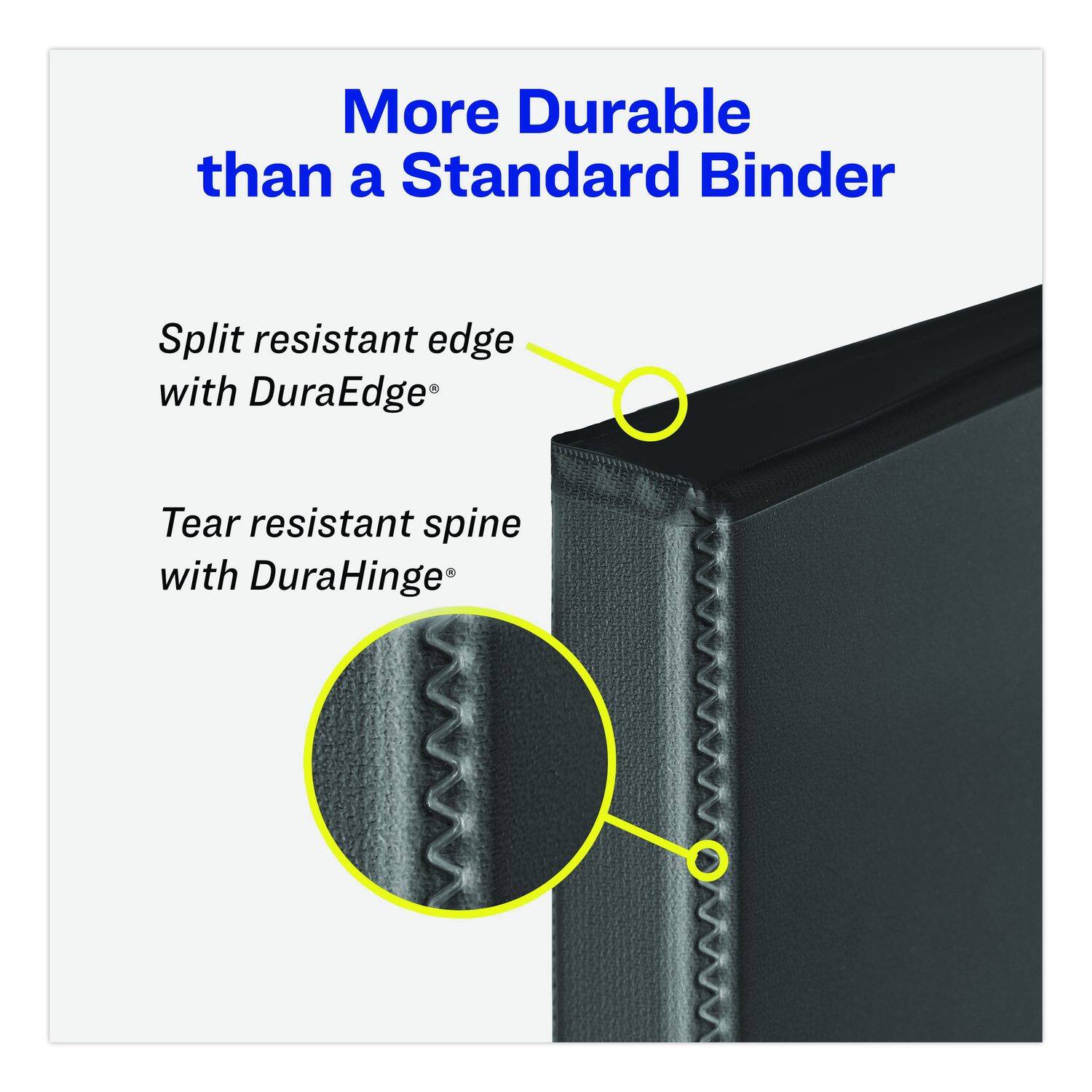 More Durable than a Standard Binder

Split resistant edge with DuraEdge®

Tear resistant spine with DuraHinge®
