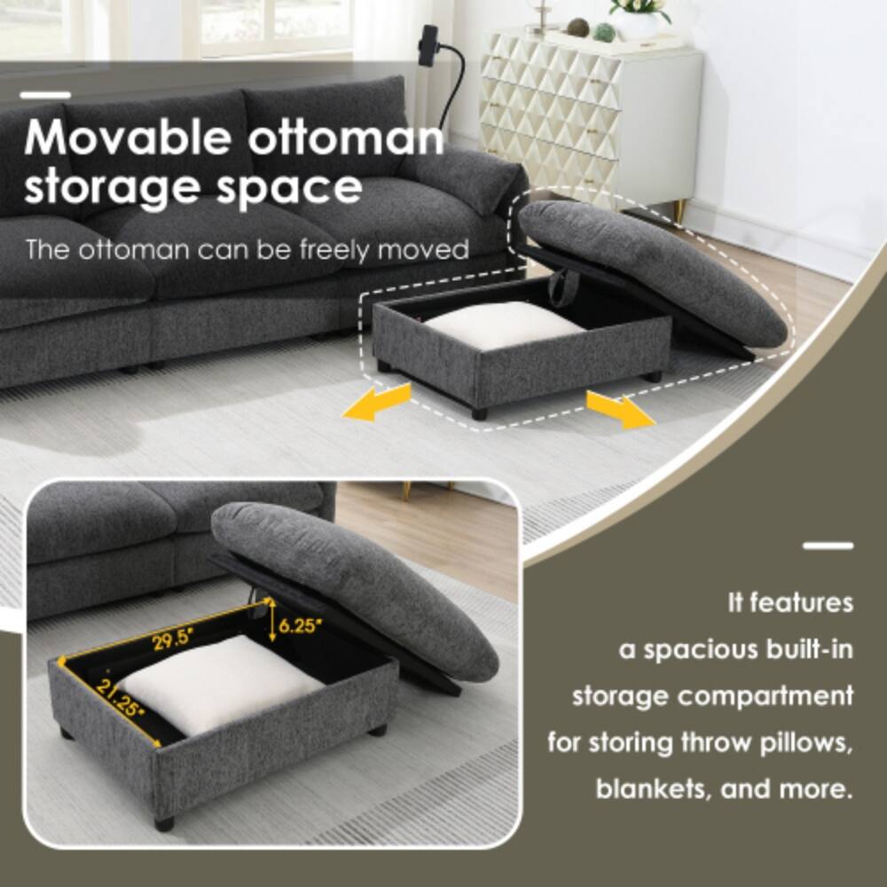 Movable ottoman storage space  
The ottoman can be freely moved.  
29.5" x 21.25" x 6.25"  
It features a spacious built-in storage compartment for storing throw pillows, blankets, and more.