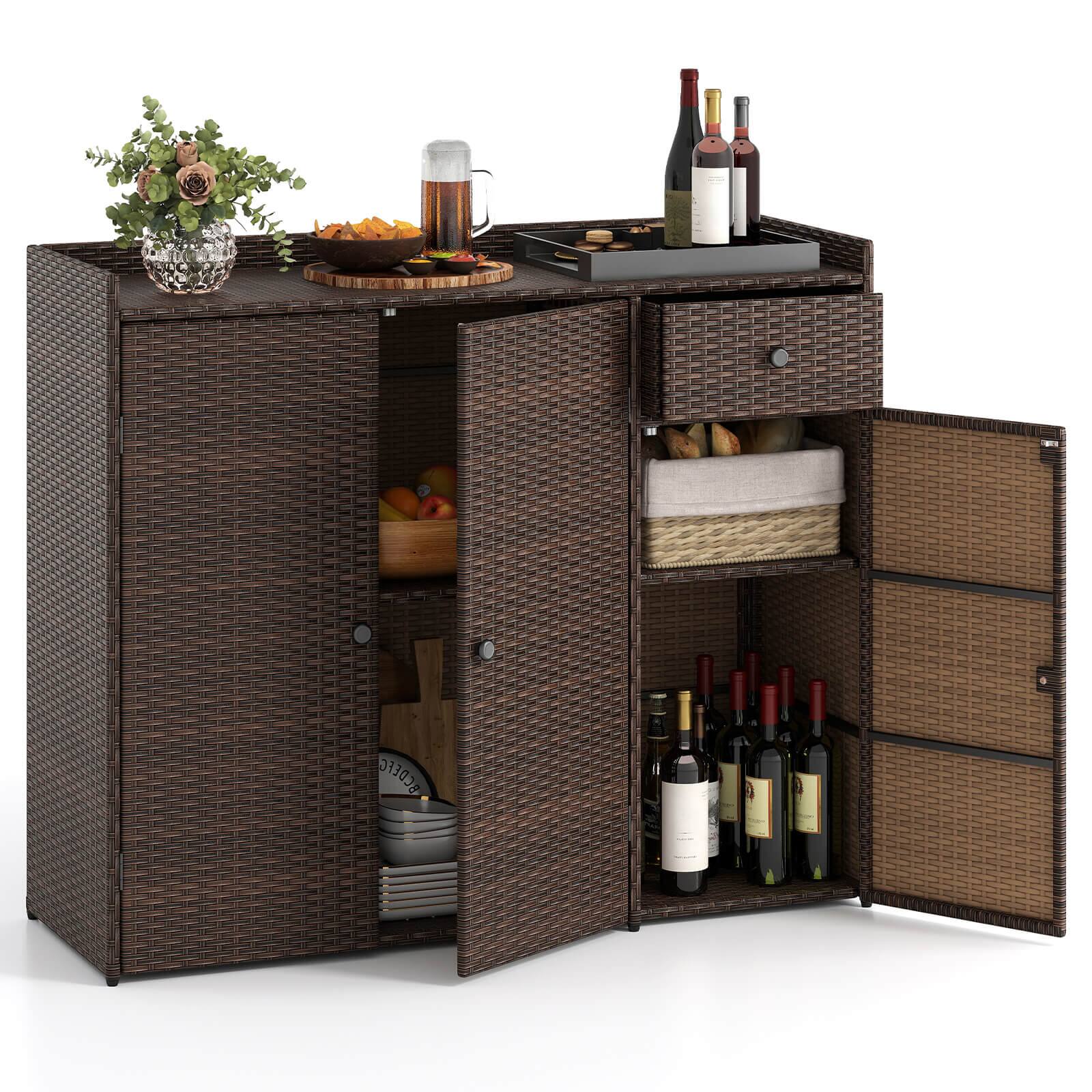 Costway - Outdoor PE Wicker Storage Cabinet with 3 Doors Adjustable Shelves and Drawer - Brown