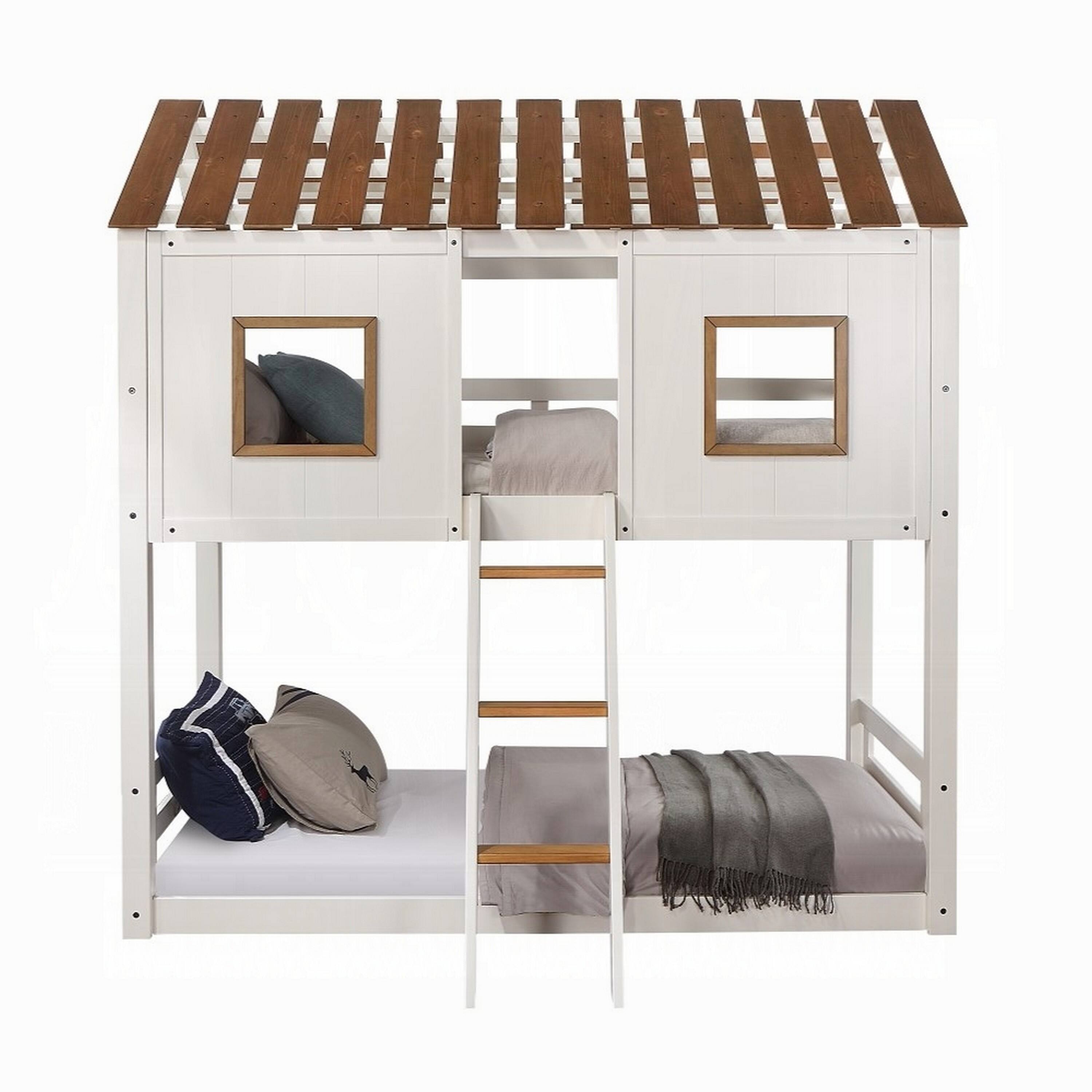 Alt View 1. Manhattan Lane - Nara Twin Size Bunk Bed, House Design with Ladder, White Rustic Wood - White, Oak Brown.