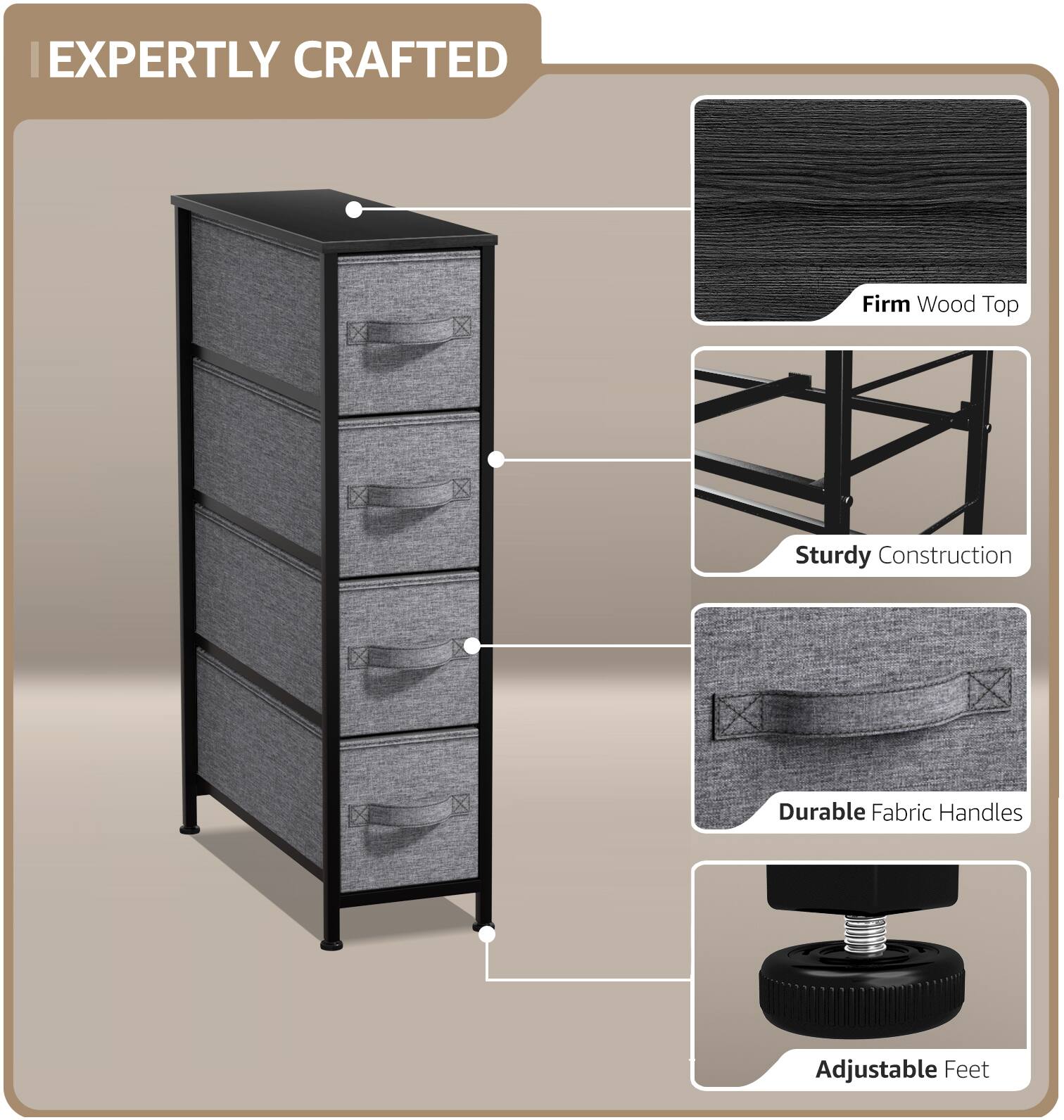 EXPERTLY CRAFTED

- Firm Wood Top
- Sturdy Construction
- Durable Fabric Handles
- Adjustable Feet