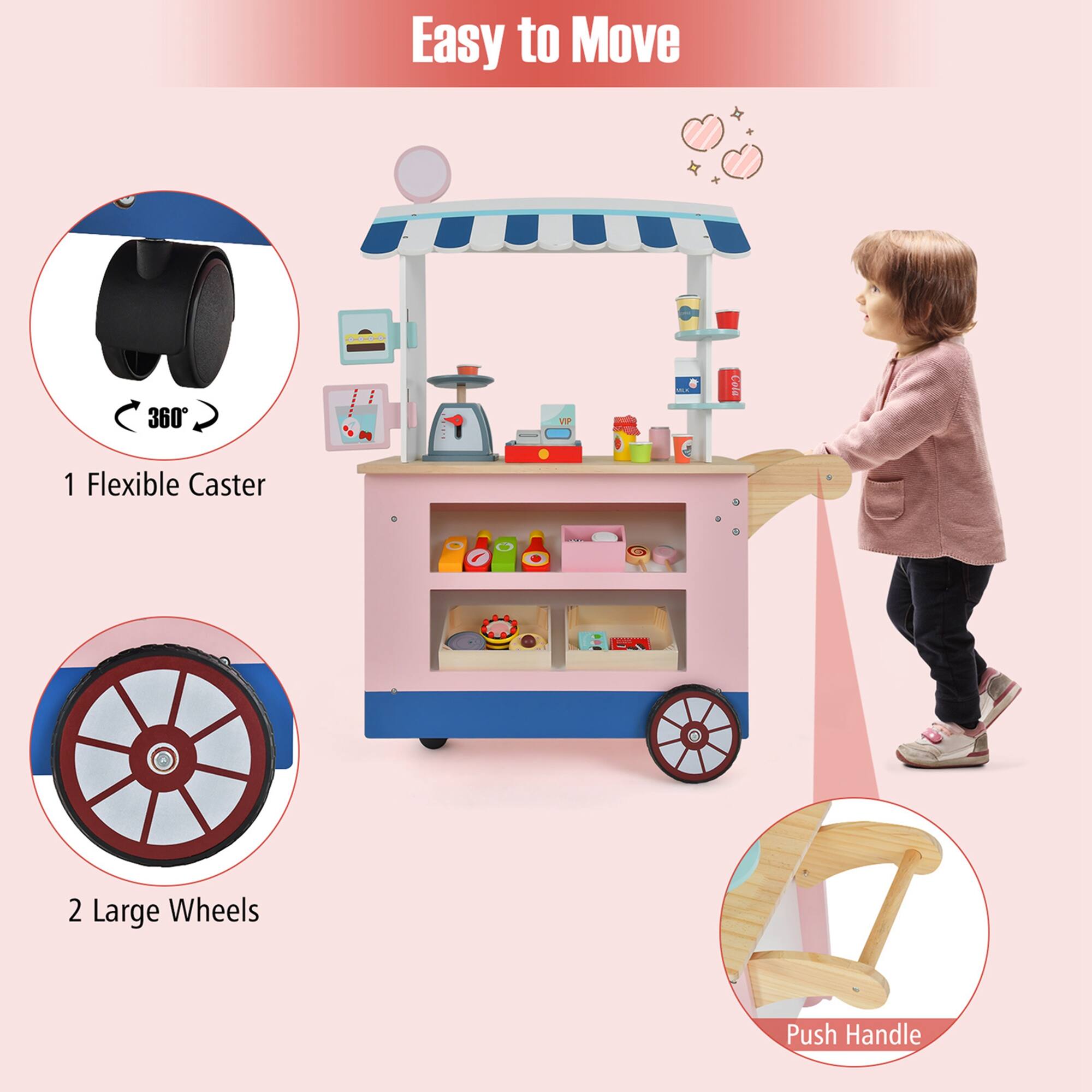 Easy to Move

1 Flexible Caster  
360°

2 Large Wheels

Push Handle
