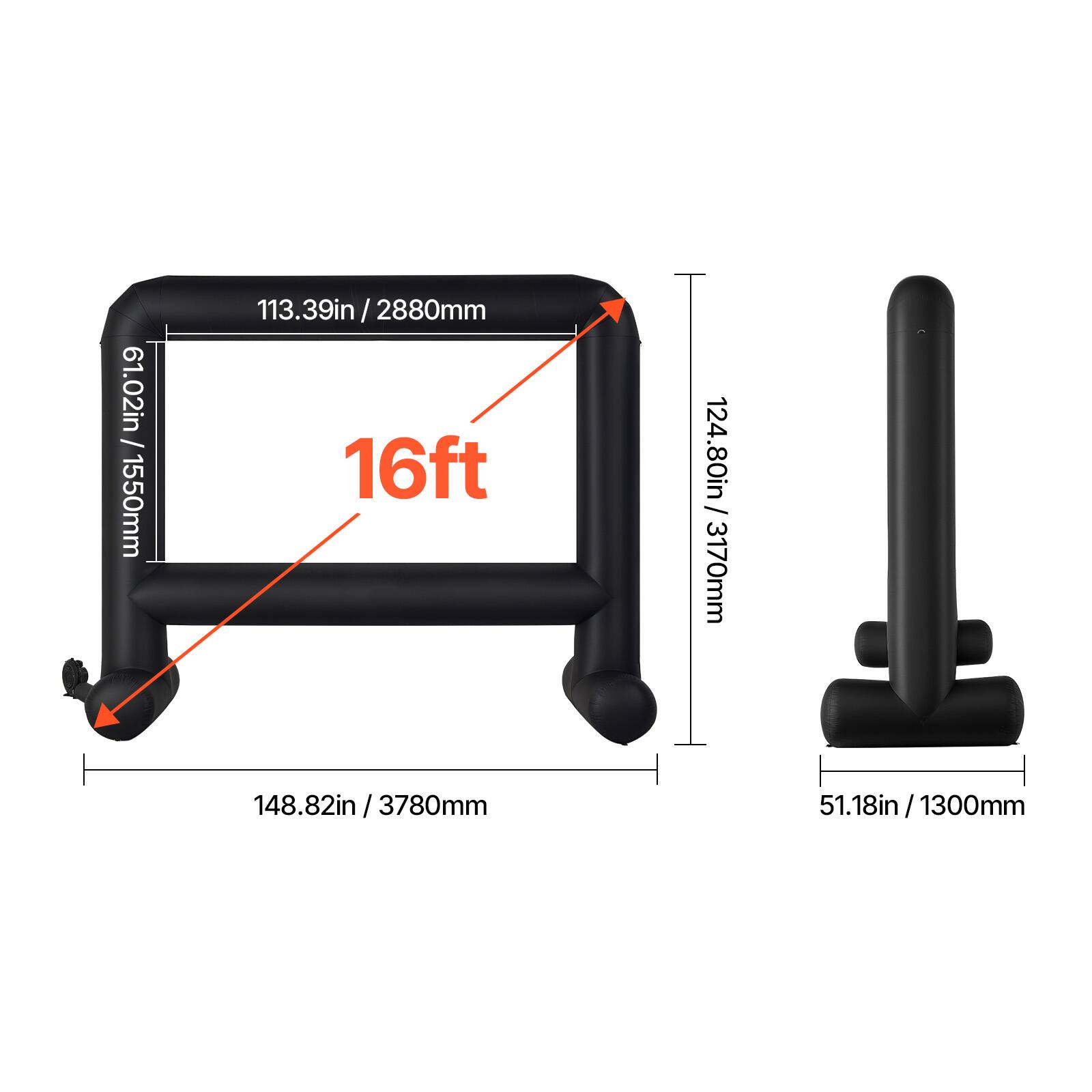 61.02in / 1550mm, 113.39in / 2880mm, 16ft, 124.80in / 3170mm, 148.82in / 3780mm, 51.18in/1300mm