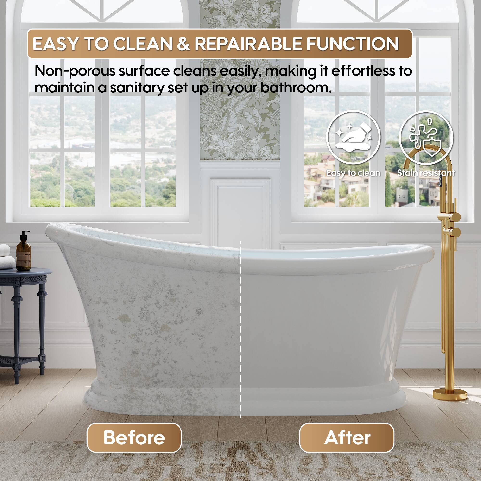EASY TO CLEAN & REPAIRABLE FUNCTION

Non-porous surface cleans easily, making it effortless to maintain a sanitary set up in your bathroom.

Easy to clean
Stain resistant

Before
After