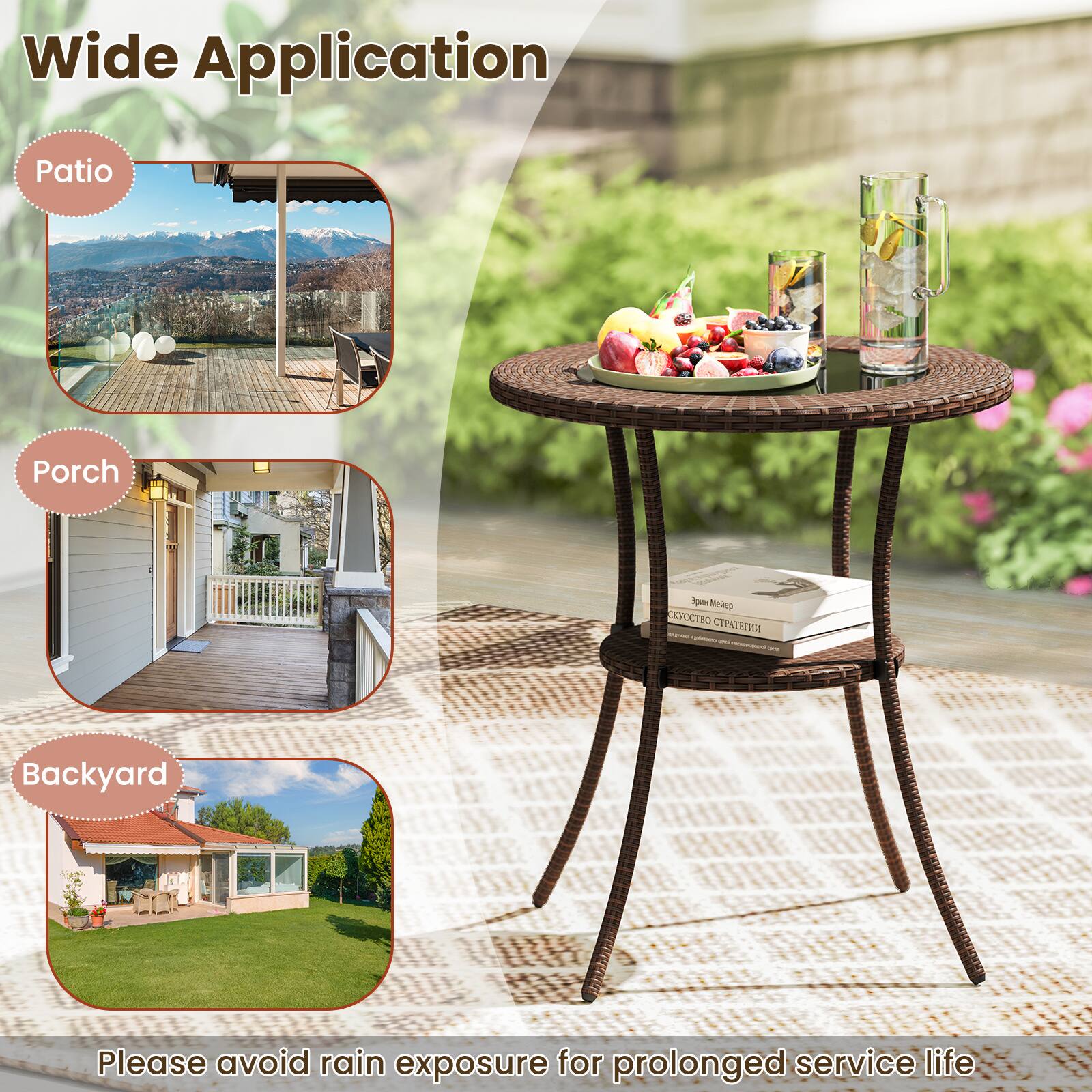 Wide Application

- Patio
- Porch
- Backyard

Please avoid rain exposure for prolonged service life.