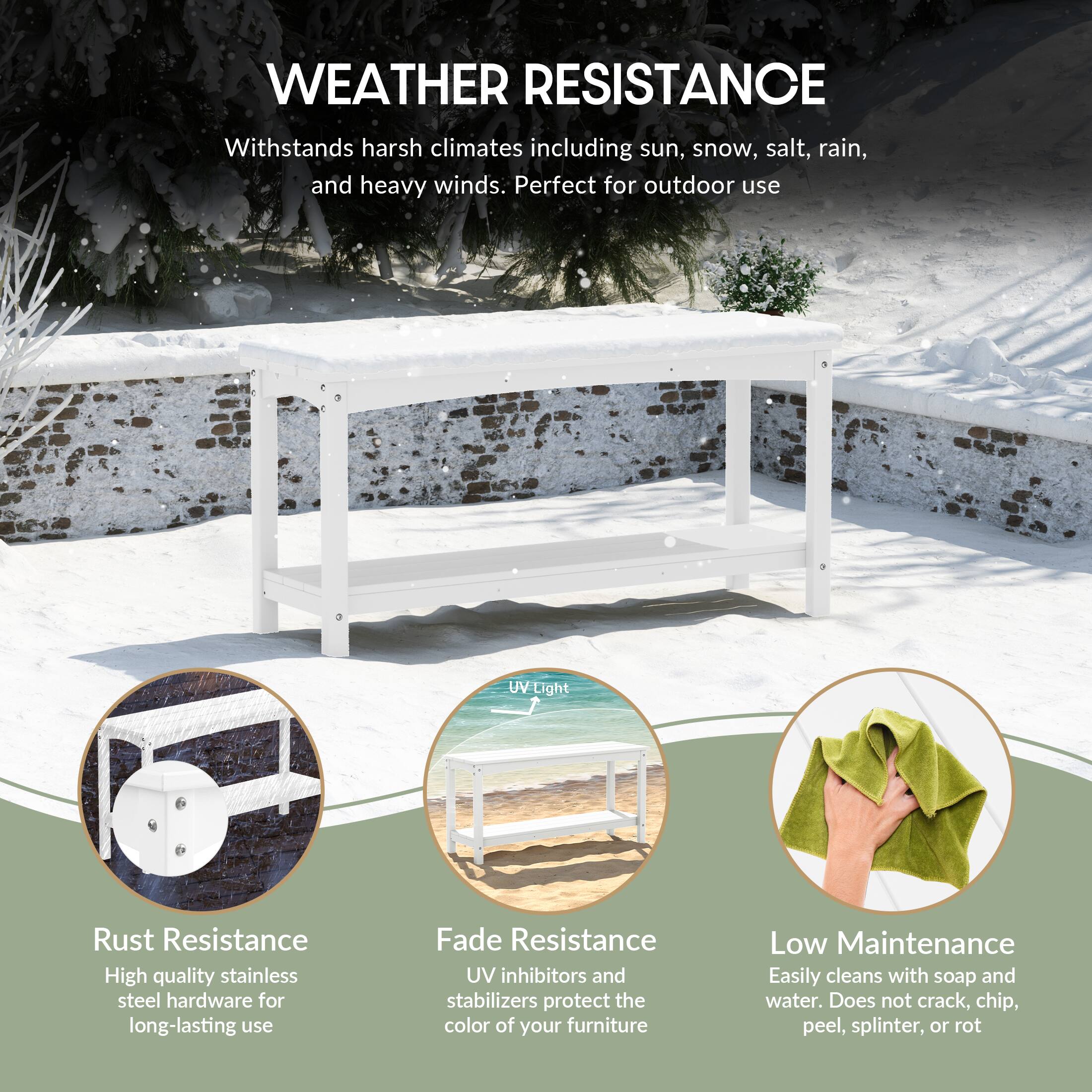 WEATHER RESISTANCE  
Withstands harsh climates including sun, snow, salt, rain, and heavy winds. Perfect for outdoor use.

- Rust Resistance  
  High quality stainless steel hardware for long-lasting use

- Fade Resistance  
  UV inhibitors and stabilizers protect the color of your furniture

- Low Maintenance  
  Easily cleans with soap and water. Does not crack, chip, peel, splinter, or rot