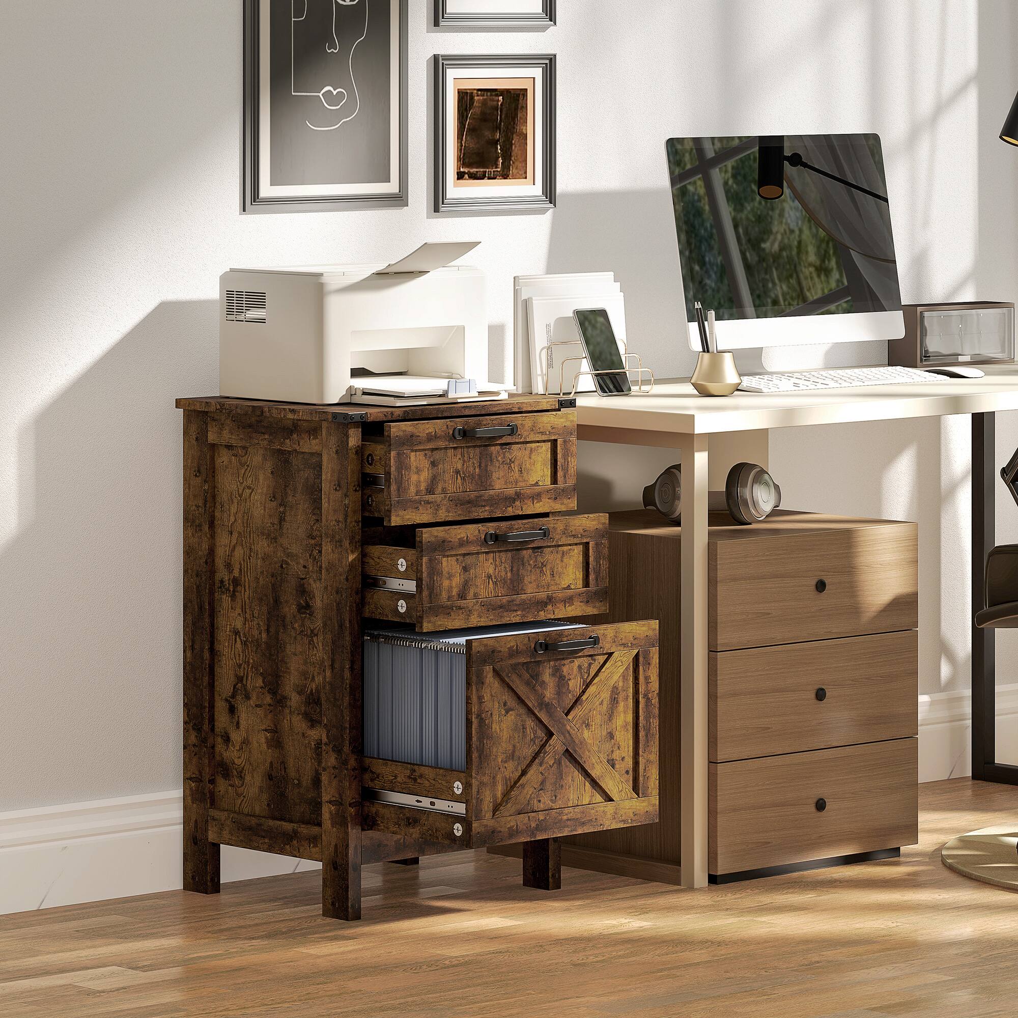 Alt View 1. Homcom - 3 Drawer Vertical Filing Cabinet with Silent Slides, Farmhouse Printer Stand for A4 Letter Size.