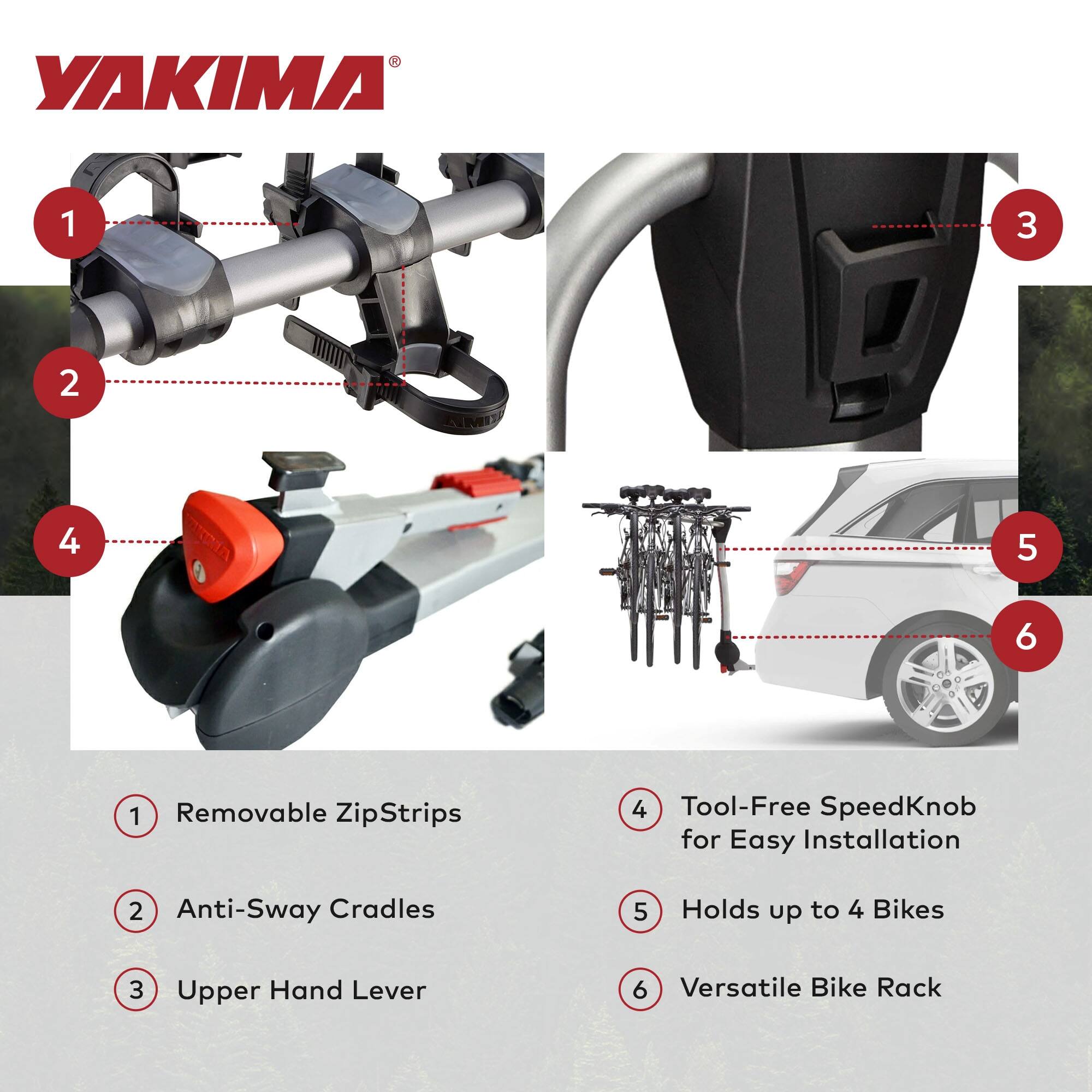 YAKIMA

1. Removable ZipStrips
2. Anti-Sway Cradles
3. Upper Hand Lever
4. Tool-Free SpeedKnob for Easy Installation
5. Holds up to 4 Bikes
6. Versatile Bike Rack