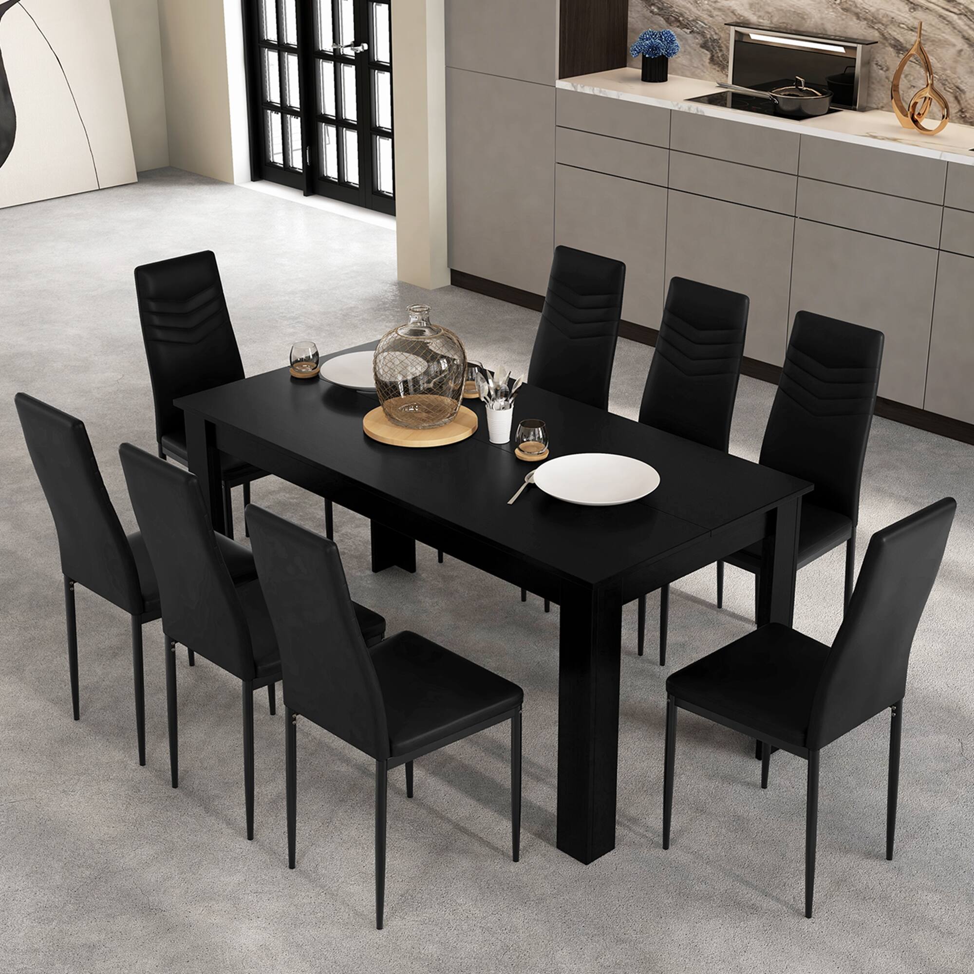 Alt View 1. Costway - Costway Modern Rectangular Kitchen Table Set with 8 PVC Leather Dining Chairs - Black.