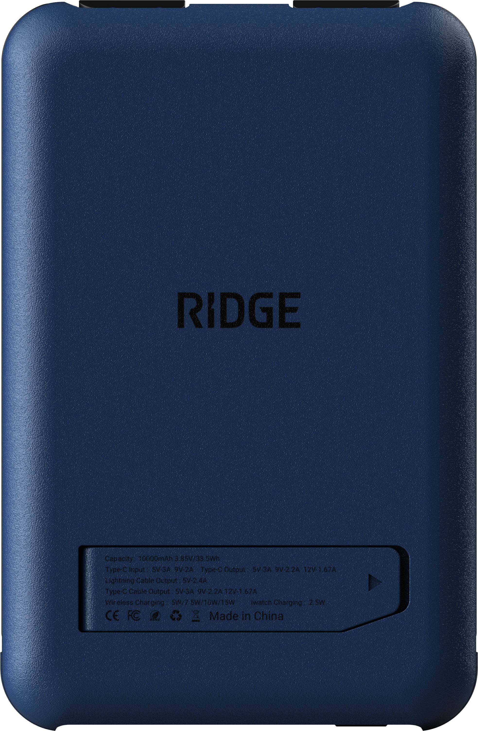RIDGE  
Capacity 10000mAh 3.85V/33.5Wh  
Type C Input 5V-3A 9V-2A  
Type-C Output 5V-3A 9V-2.2A 12V-1.67A  
Lightning Cable Output 5V-2.4A  
Type C Cable Output 5V-3A 9V-2.2A 12V-1.67A  
Wireless Charging SW/7.5W/10W/15W  
iwatch Charging 2.5W  
CE FC  
Made in China