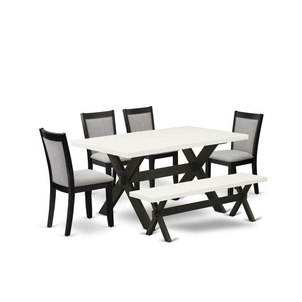 Alt View 4. East West Furniture - X626MZ606-6 6 Pc Kitchen Table Set - Linen White Table with a Rustic Bench and 4 Shitake Dining Chairs - Wire Brushed - Multi-Color.