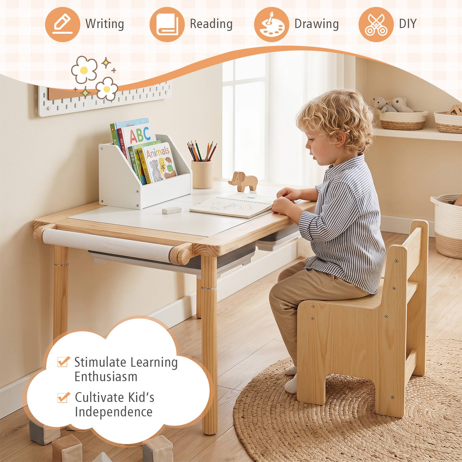 Writing  
Reading  
Drawing  
DIY  

1 CO ART ABC SPUCCE 1 o Animals Bringe 20010Y  

Stimulate Learning Enthusiasm  
Cultivate Kid's Independence