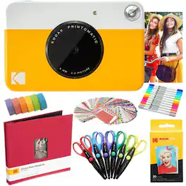 Kodak - Printomatic Instant Print Camera, Photo Paper (20 Sheets) & Accessories Art Bundle - Yellow