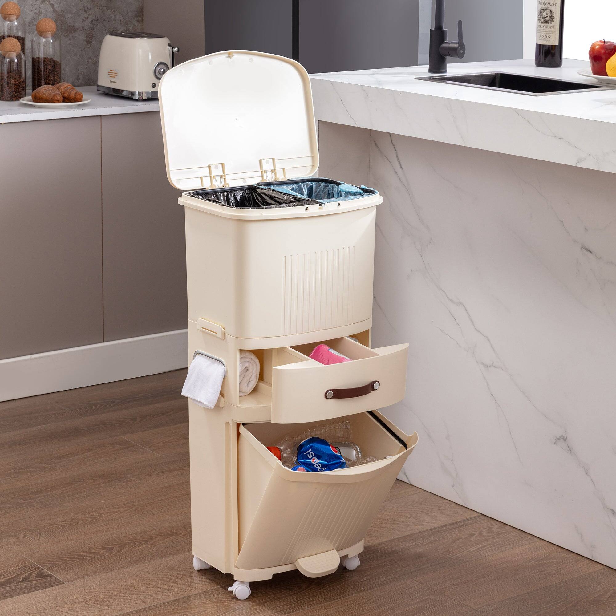 Vecelo - Kitchen Trash Can with Press-Type Lid - Dual Compartment Pet Proof Garbage Bin, Tissue Holder & Storage Drawer - Beige