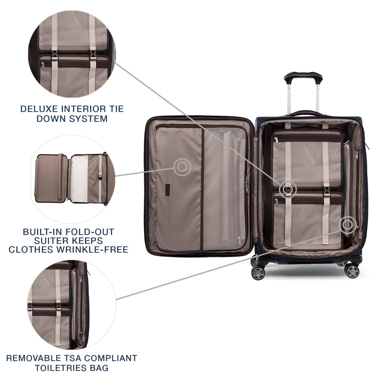 DELUXE INTERIOR TIE DOWN SYSTEM  
BUILT-IN FOLD-OUT SUITER KEEPS CLOTHES WRINKLE-FREE  
REMOVABLE TSA COMPLIANT TOILETRIES BAG