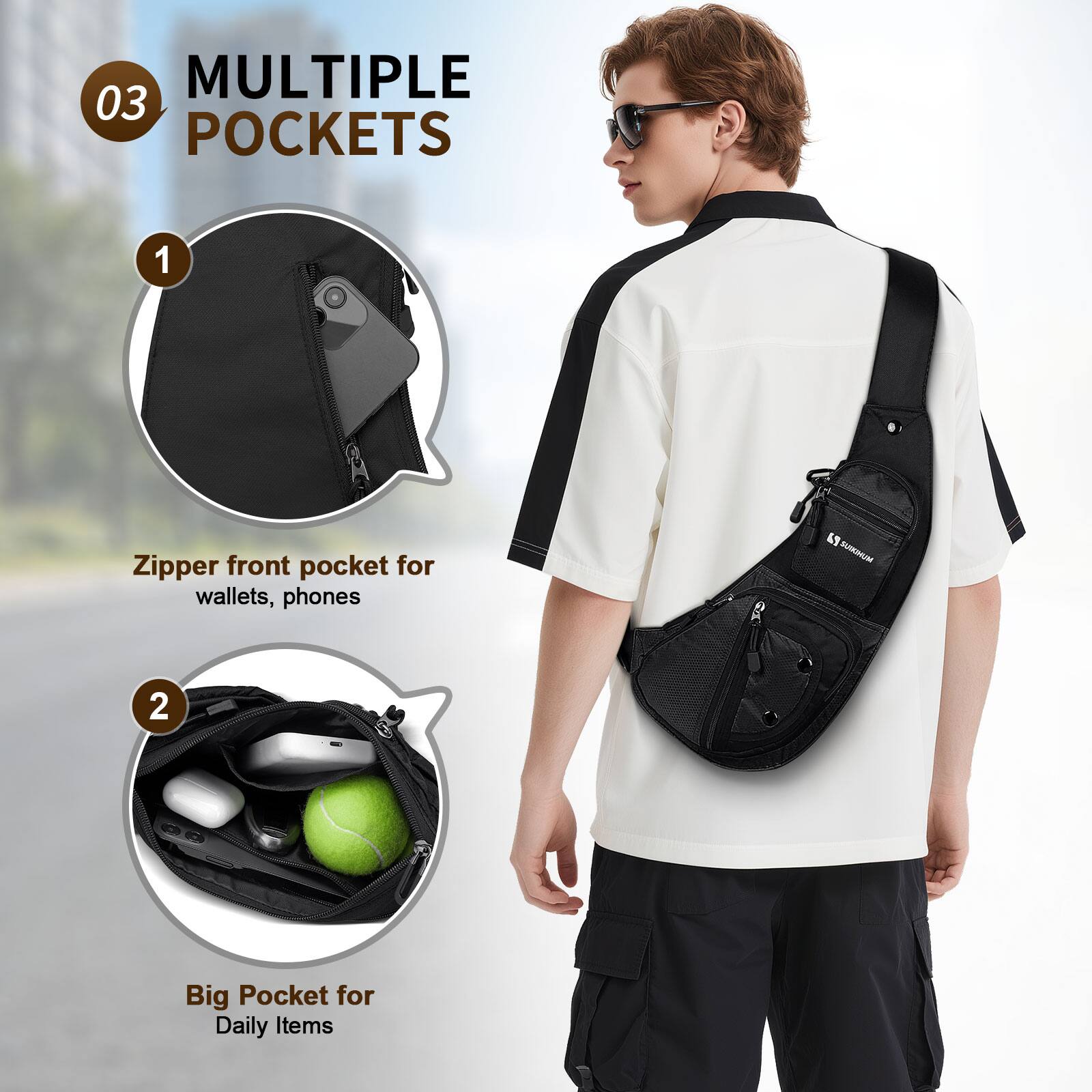 MULTIPLE POCKETS

1. Zipper front pocket for wallets, phones

2. Big Pocket for Daily Items