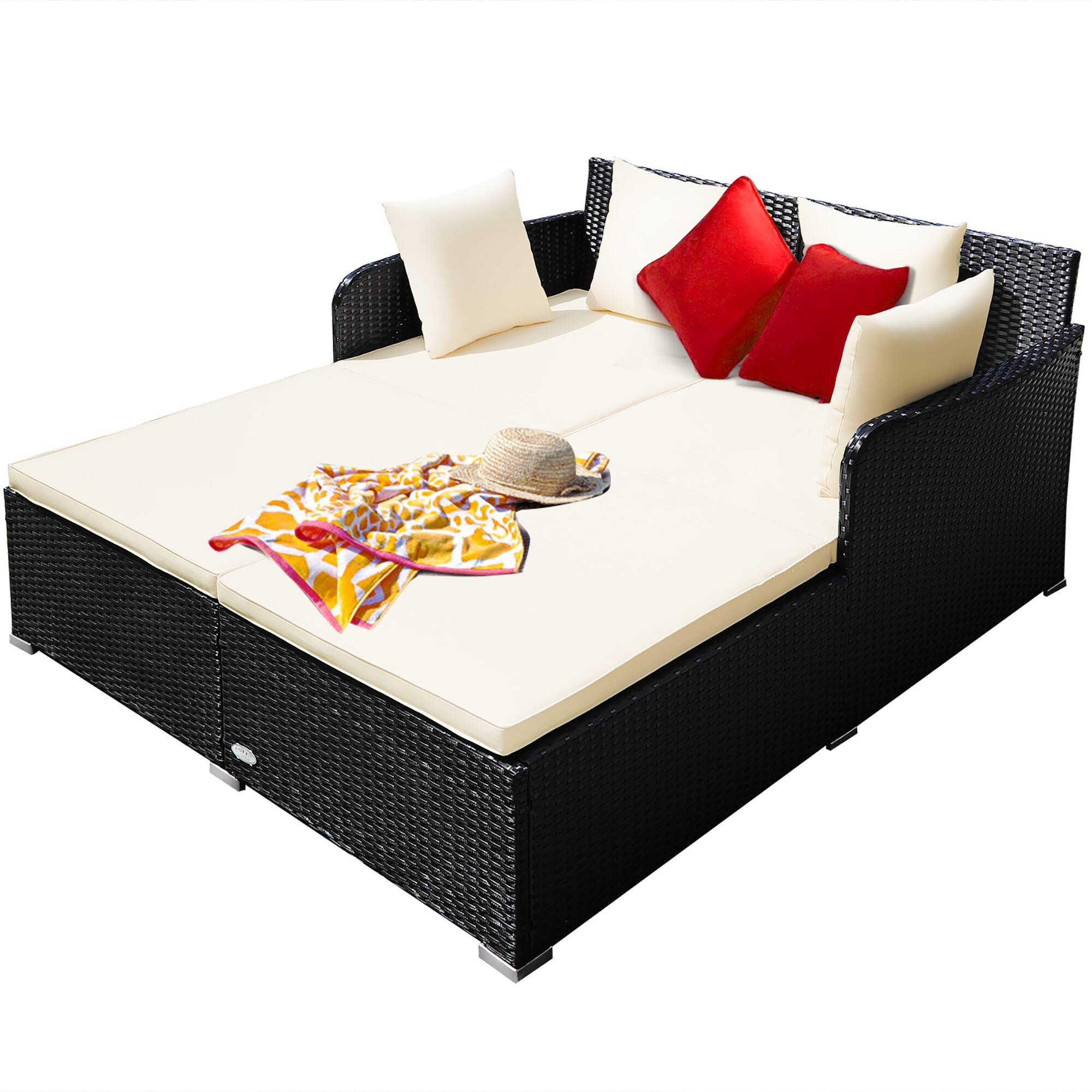 Left. Costway - Outdoor Patio Rattan Daybed Pillows Cushioned Sofa Furniture - Beige.