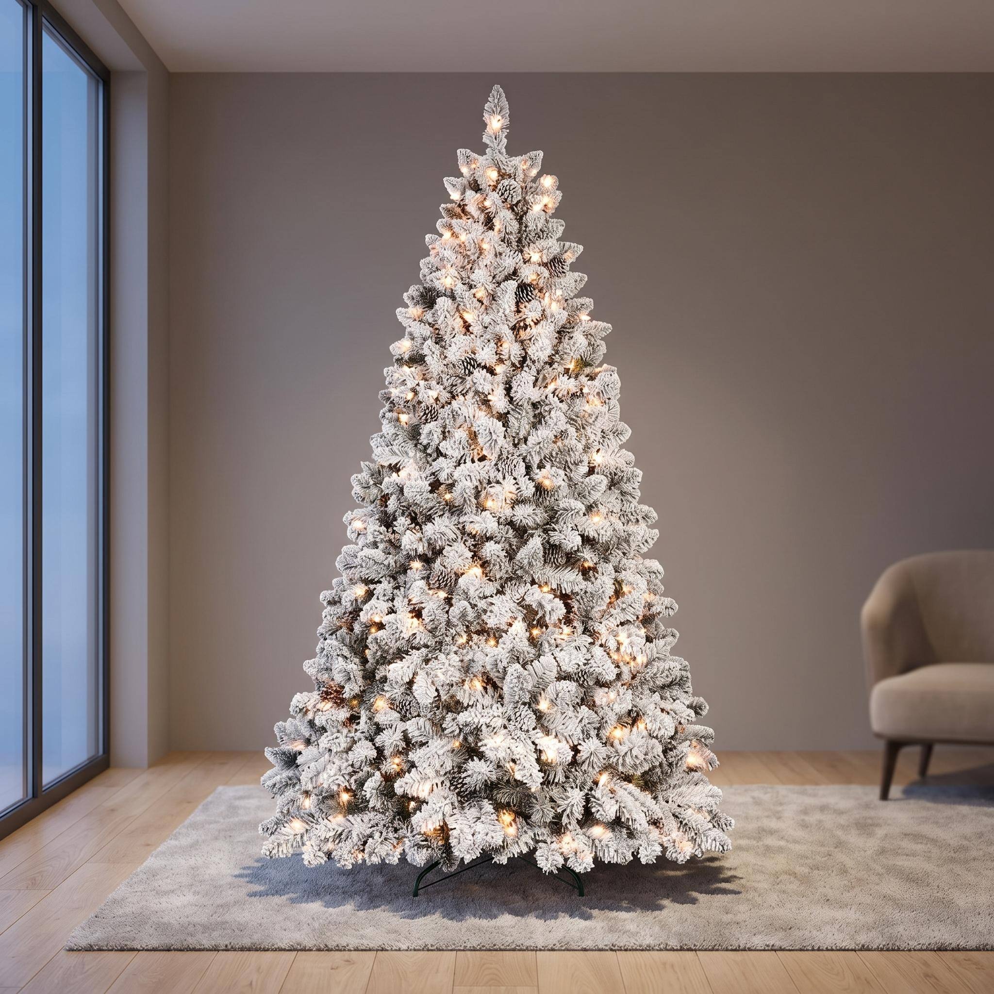 Alt View 3. Forest'nSky - 5 ft. Flocked PVC Christmas Tree with 300 UL Lights and 27 Natural Pine Cones, 600 Tips - Green,White.
