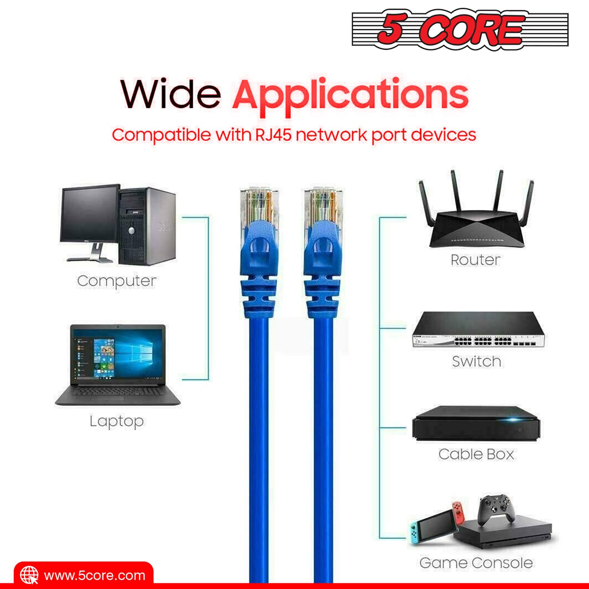 5 CORE Wide Applications Compatible with RJ45 network port devices: Computer, Router, Switch, Laptop, Cable Box, Game Console.  
www.5core.com