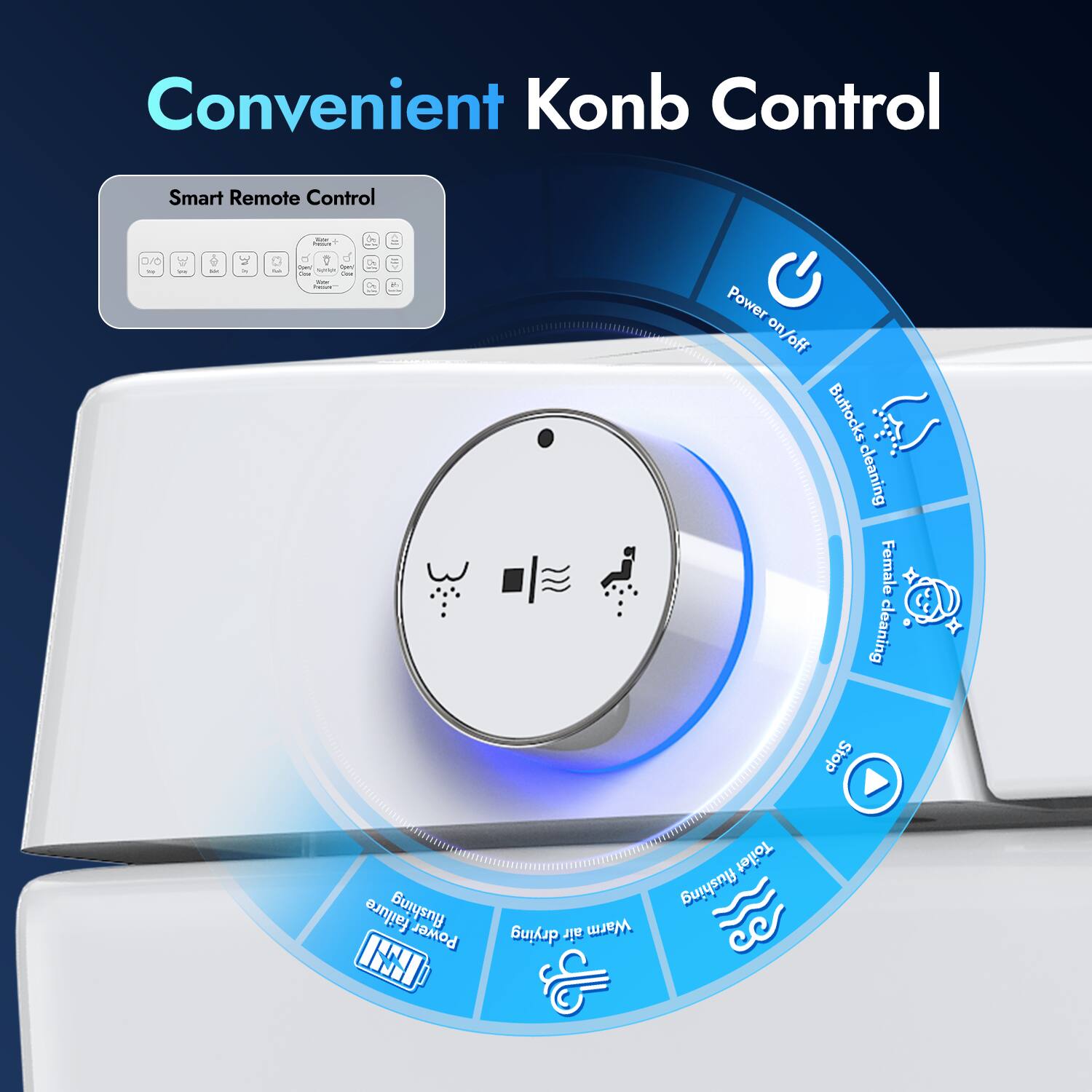 Convenient Konb Control

Smart Remote Control

- Power on/off
- Buttocks cleaning
- Female cleaning
- Stop failure
- Flushing
- Power drying
- Warm