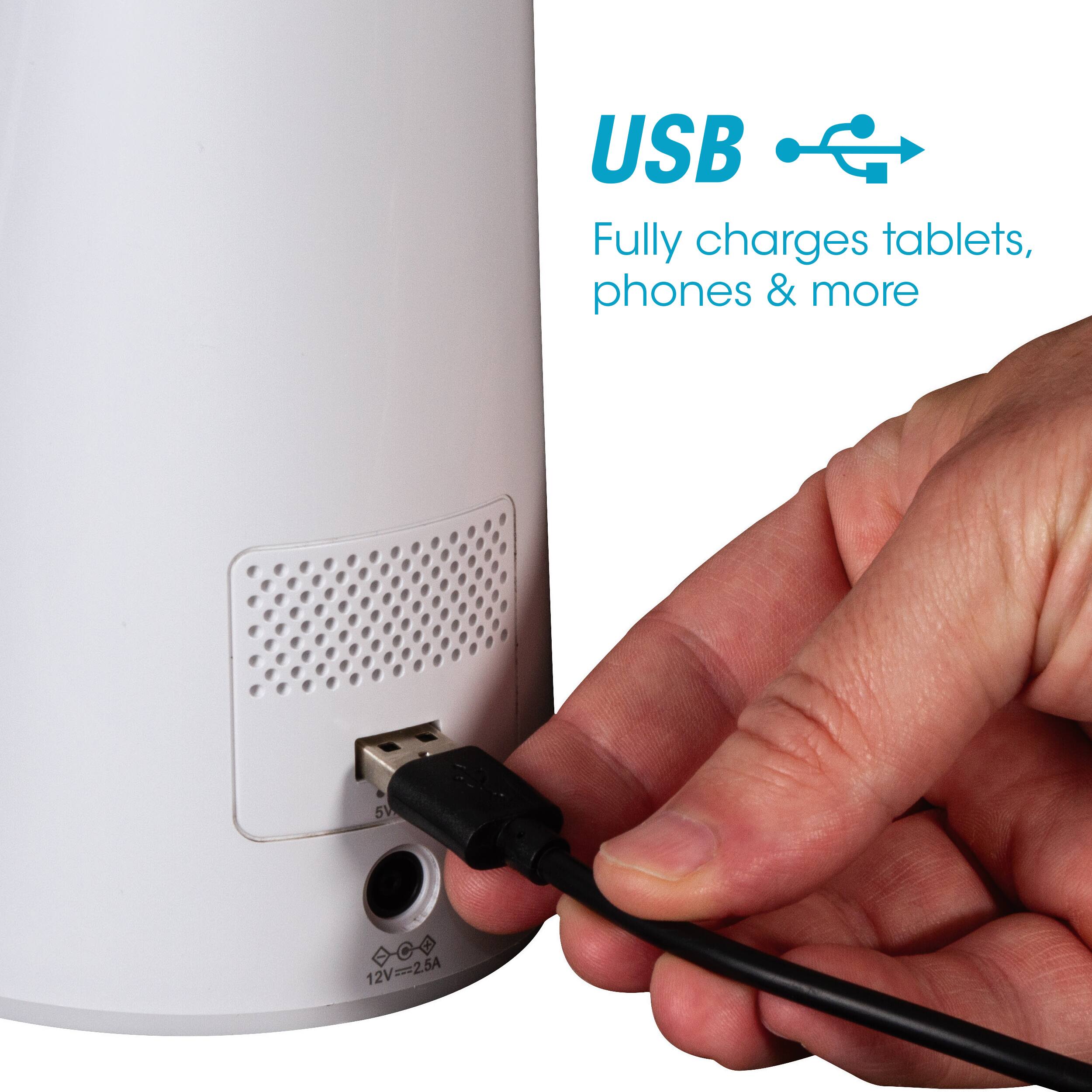 The text on the image reads: "USB Fully charges tablets, phones & more 5V 12V==-2.5A." This text is describing the capabilities of the USB device, which can charge various electronic devices such as tablets, phones, and more. The USB device is designed to provide a stable 5V or 12V output, ensuring that it can charge a wide range of devices safely and efficiently.