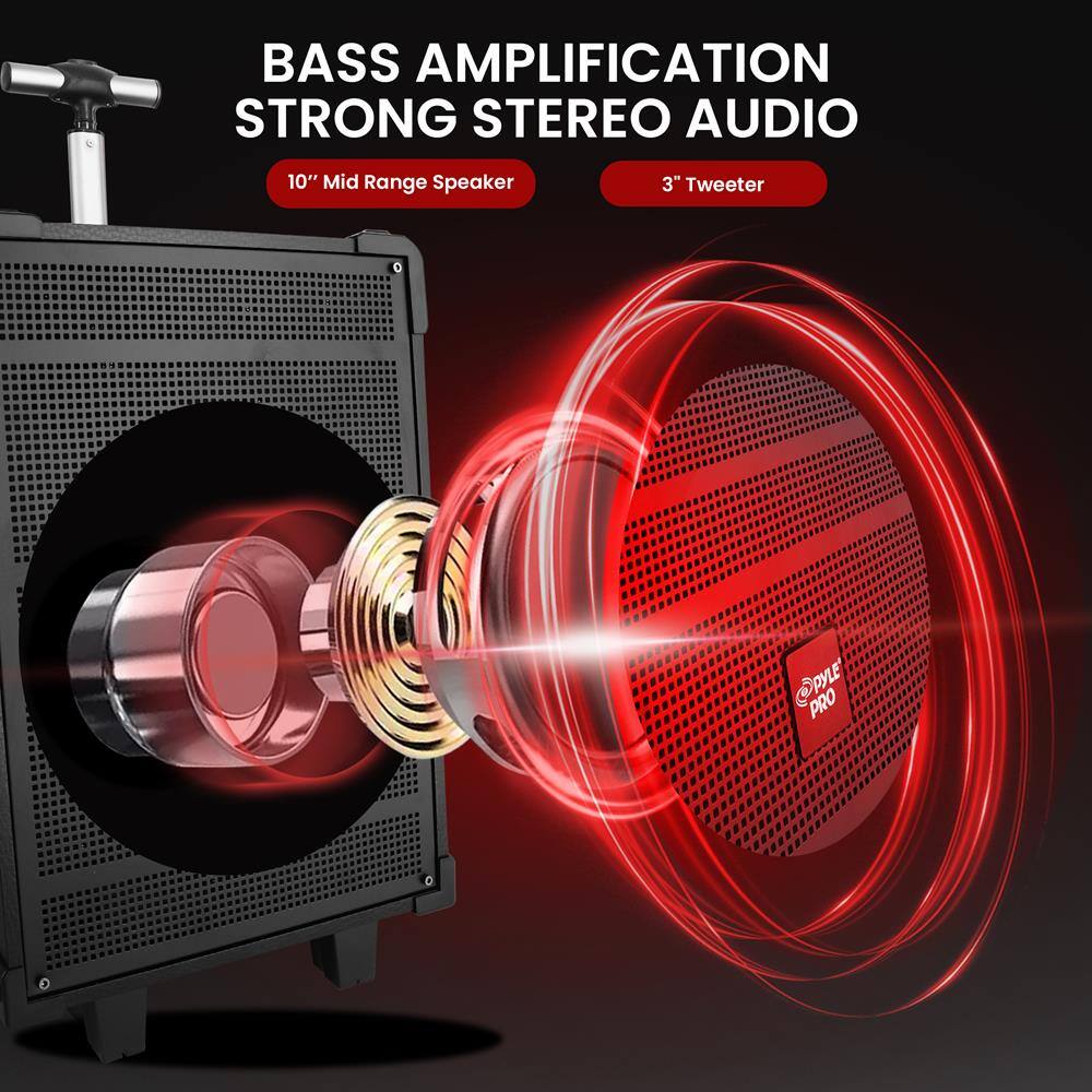 BASS AMPLIFICATION  
STRONG STEREO AUDIO  

10" Mid Range Speaker  
3" Tweeter  

PYLE PRO