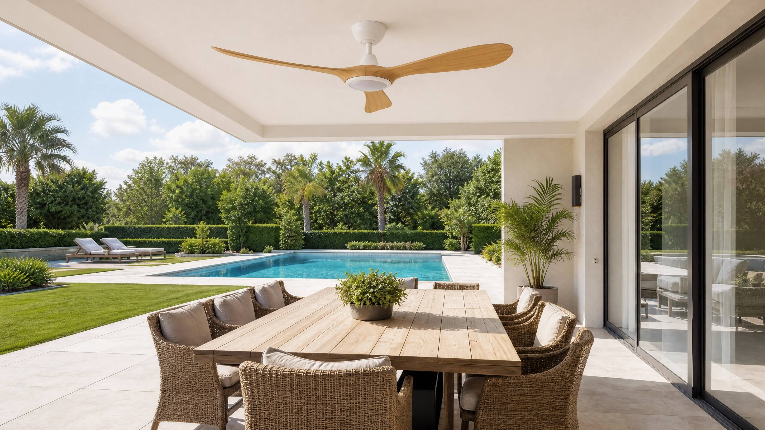 Back. ENLIGHT - 56" Smart Ceiling Fan, IP66 Outdoor/Coastal, CCT & Dimmable LED, Durable, Efficient & Quiet DC Motor, Matter, 3 Blades - Bamboo Woodgrain.