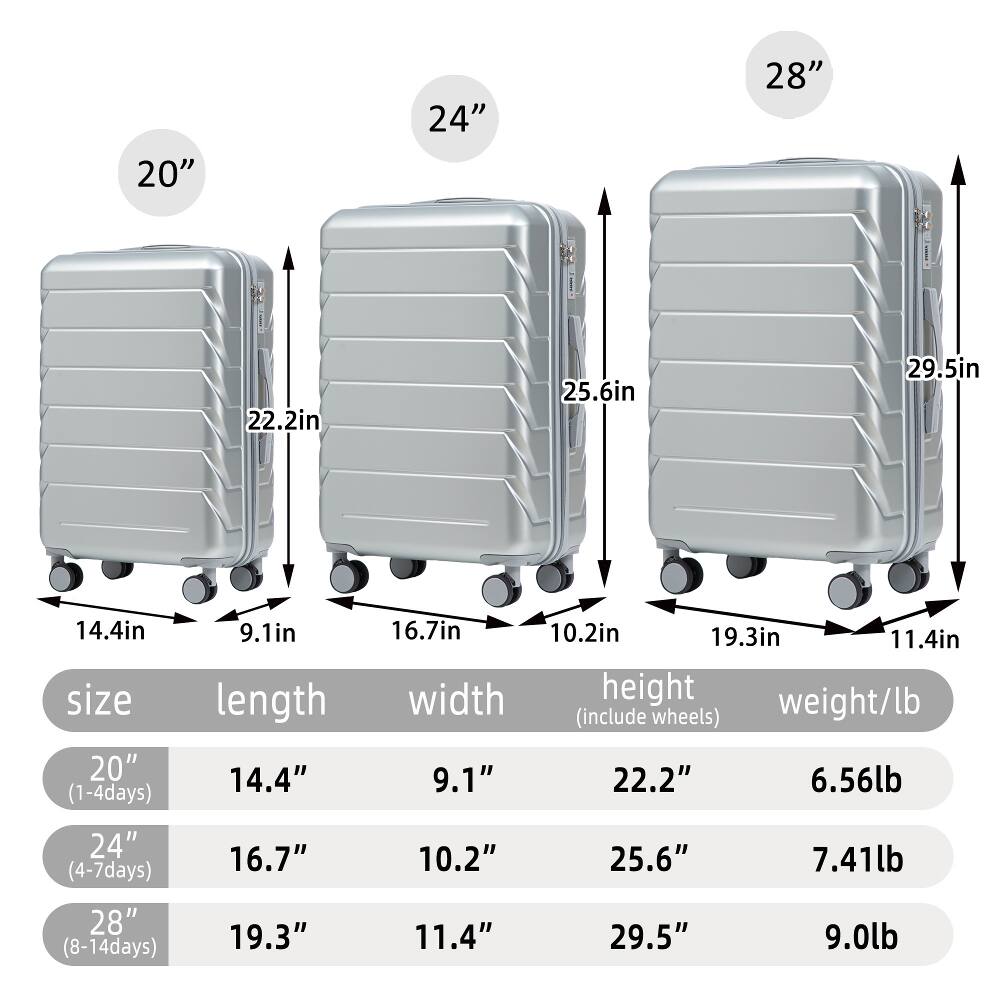 20"  
24"  
28"  
22.2in  
25.6in  
29.5in  
14.4in  
size 20" (1-4days)  
9.1in  
length 14.4"  
16.7in  
10.2in  
19.3in  
11.4in  
width height weight/lb (include wheels) 9.1" 22.2" 6.56lb  
24" (4-7days)  
28" (8-14days)  
16.7"  
19.3"  
10.2"  
11.4"  
25.6"  
29.5"  
7.41lb  
9.0lb