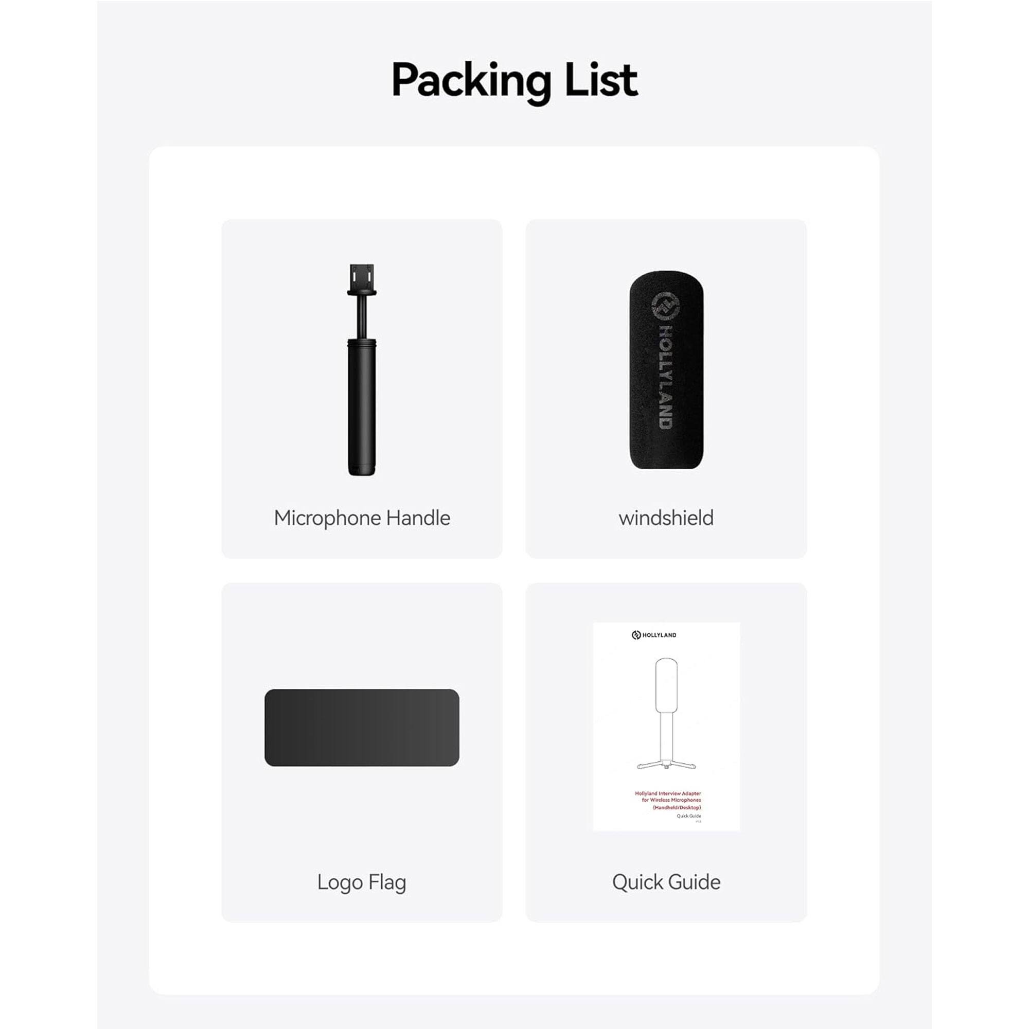 Packing List

- Microphone Handle
- Windshield
- Logo Flag
- Quick Guide