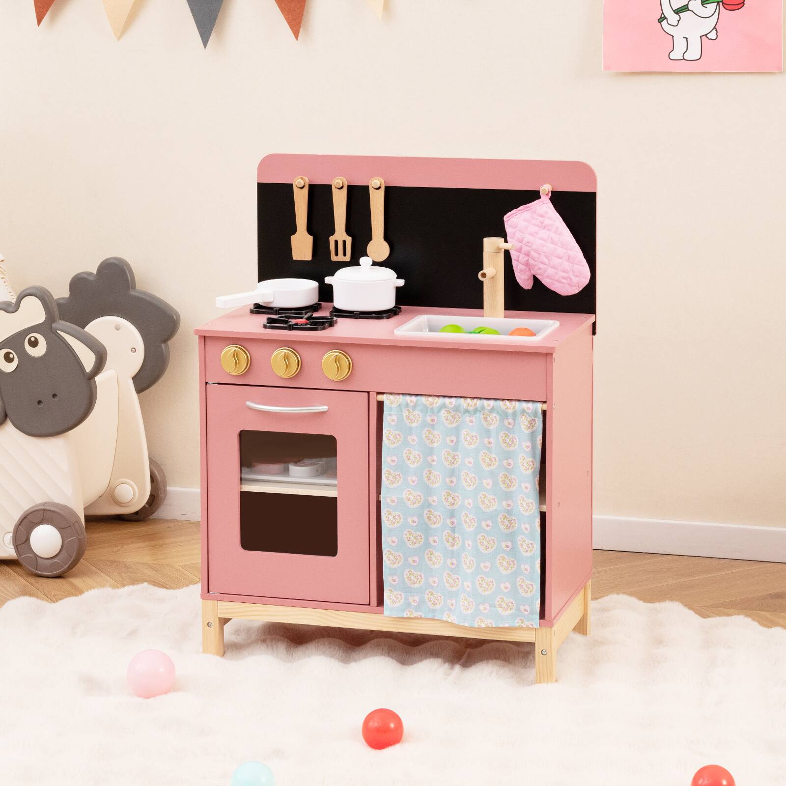 Alt View 1. Gymax - Gymax Play Kitchen for Kids w/ Door Curtain Stoves Sink & Oven Cookware Accessories - Pink.