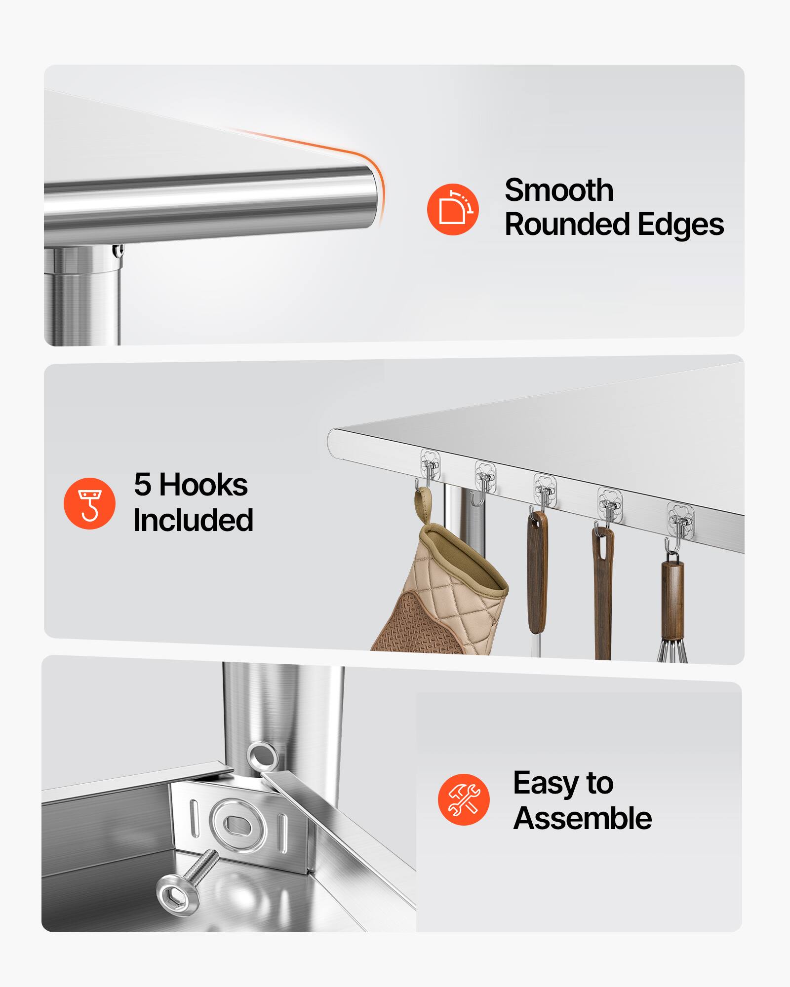 Smooth Rounded Edges  
5 Hooks Included  
Easy to Assemble
